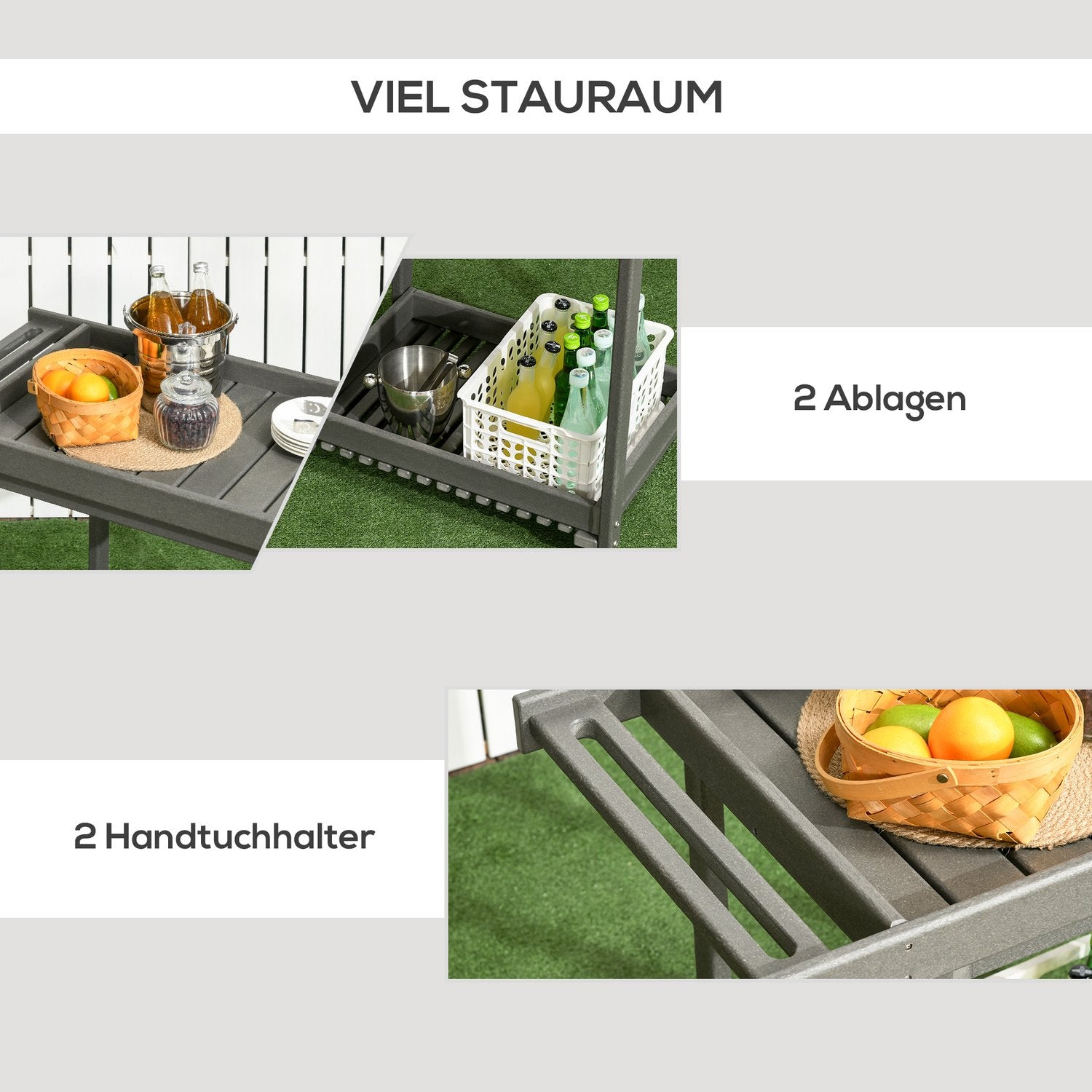 Utomhusgrillvagn med handdukshängare och 2 hyllor, 87x50x80cm