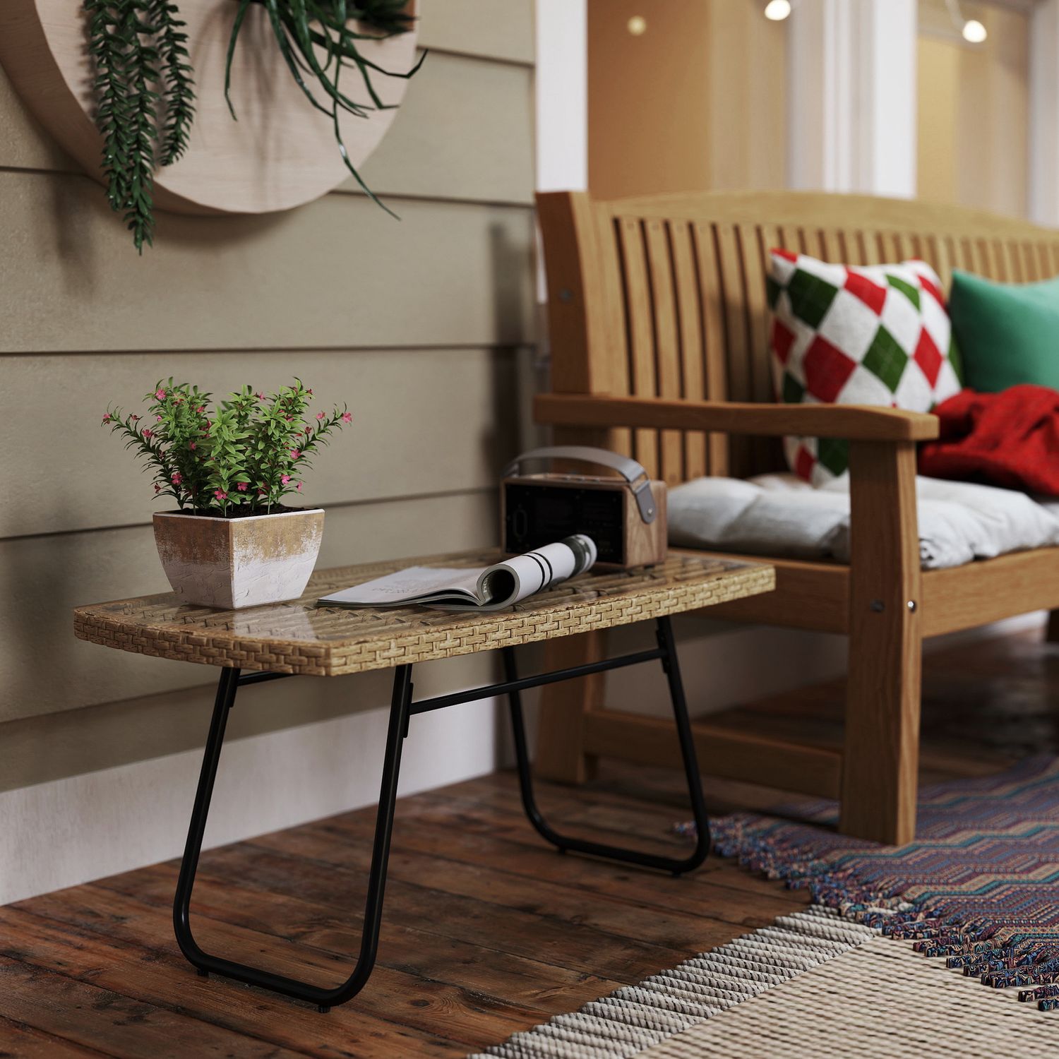 Utomhus polyrattan sidobord, UV-beständig, glasskiva