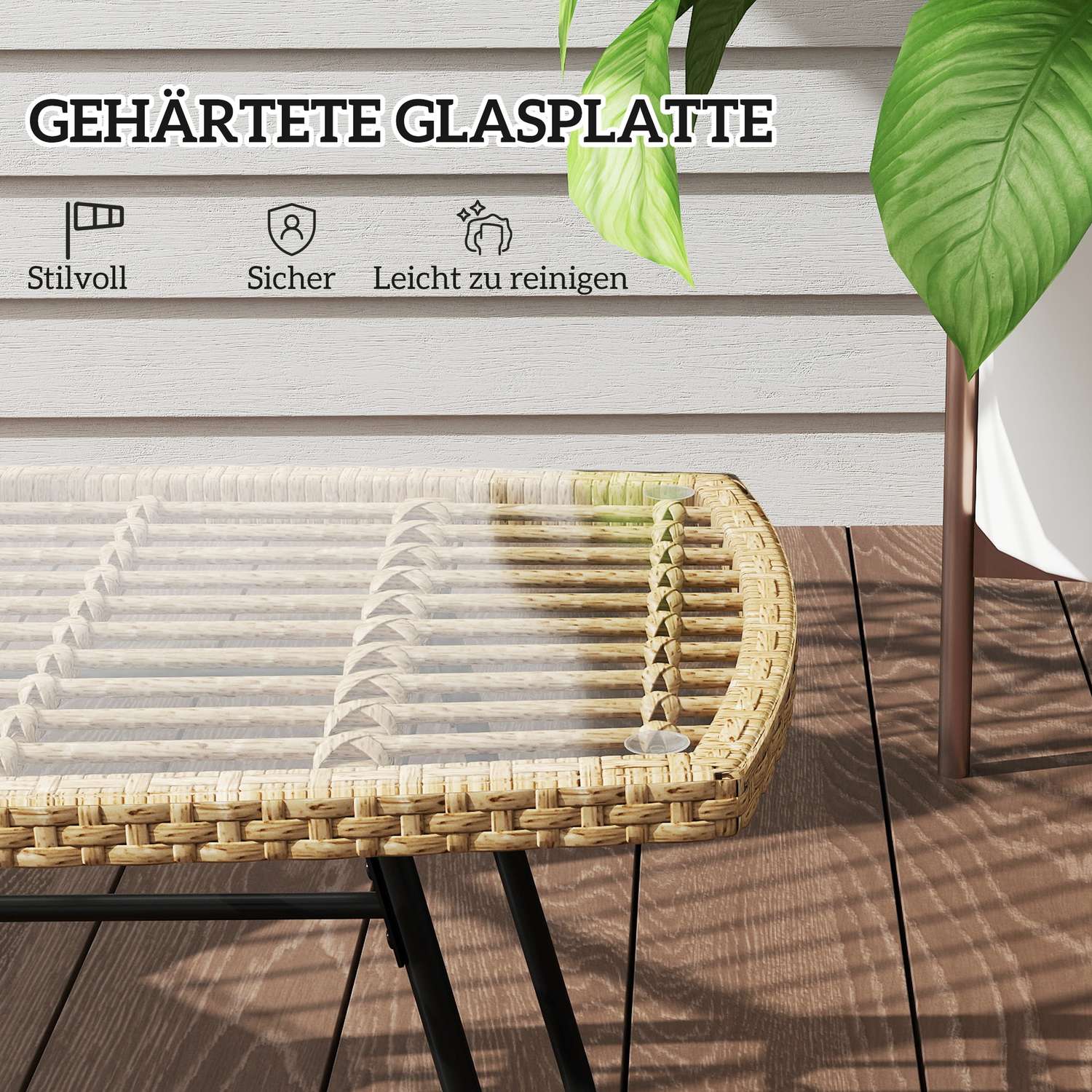 Utomhus polyrattan sidobord, UV-beständig, glasskiva