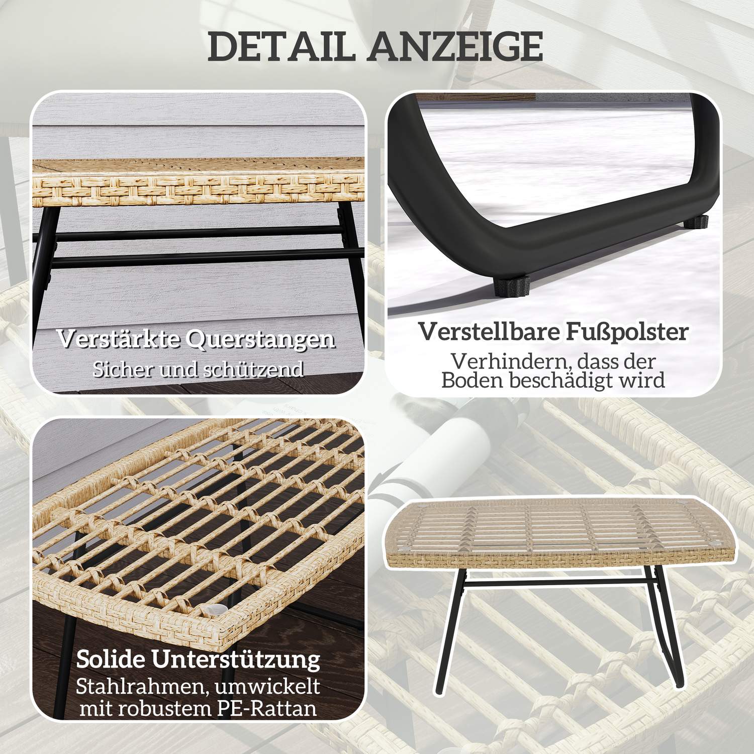 Utomhus polyrattan sidobord, UV-beständig, glasskiva