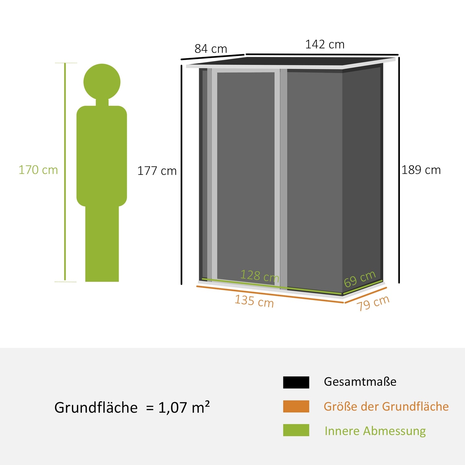 Utomhusredskapsbod i stål med dörr, mörkgrå – 142 x 84 x 189 cm