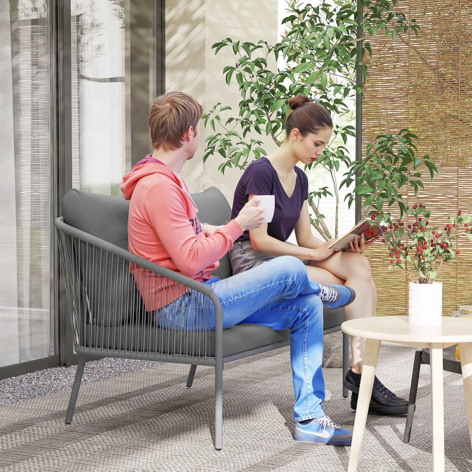 Utomhus rotting 2-sits soffa med kuddar, grå