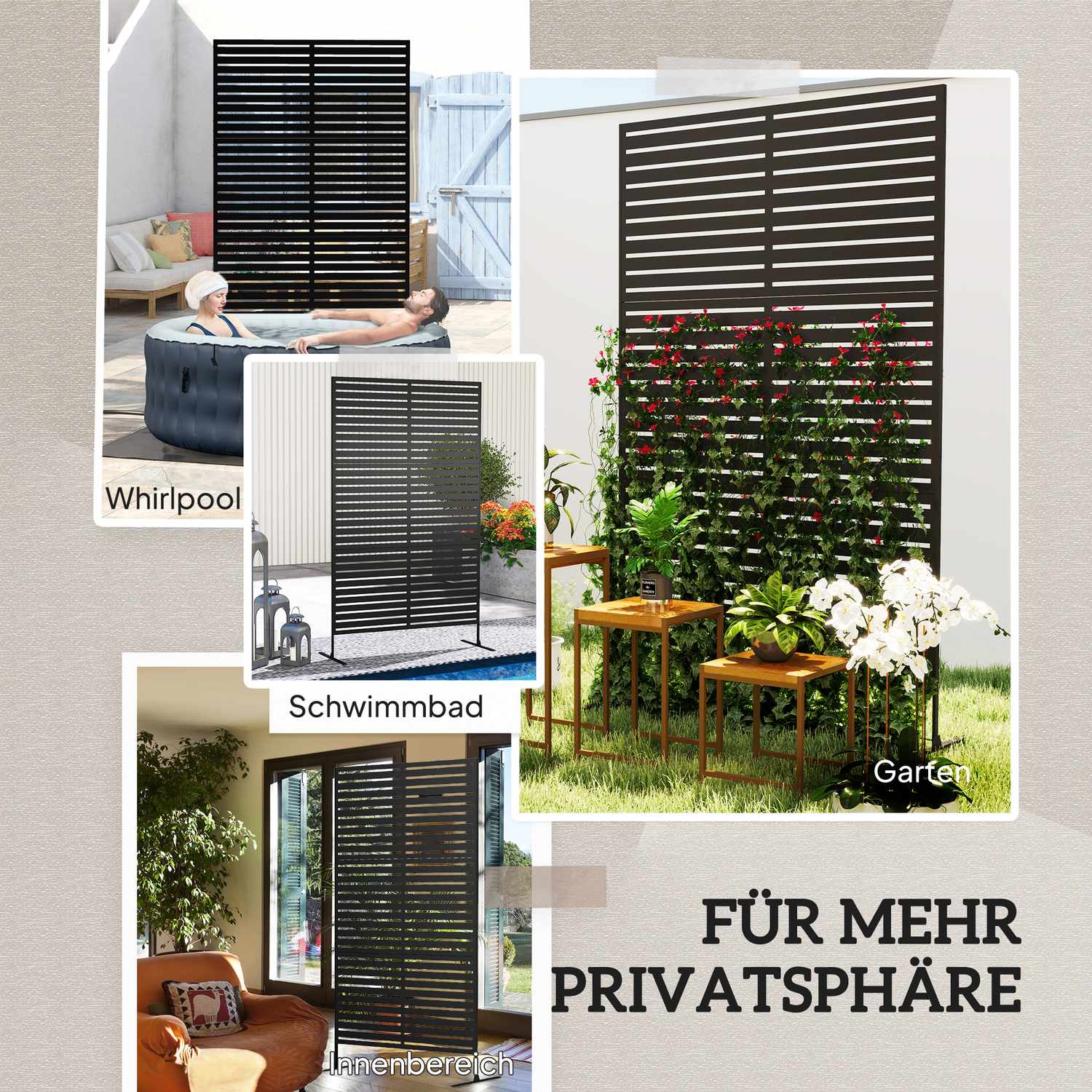 Utomhusskyddsskärm, 3-panels rumsavdelare i stål, svart