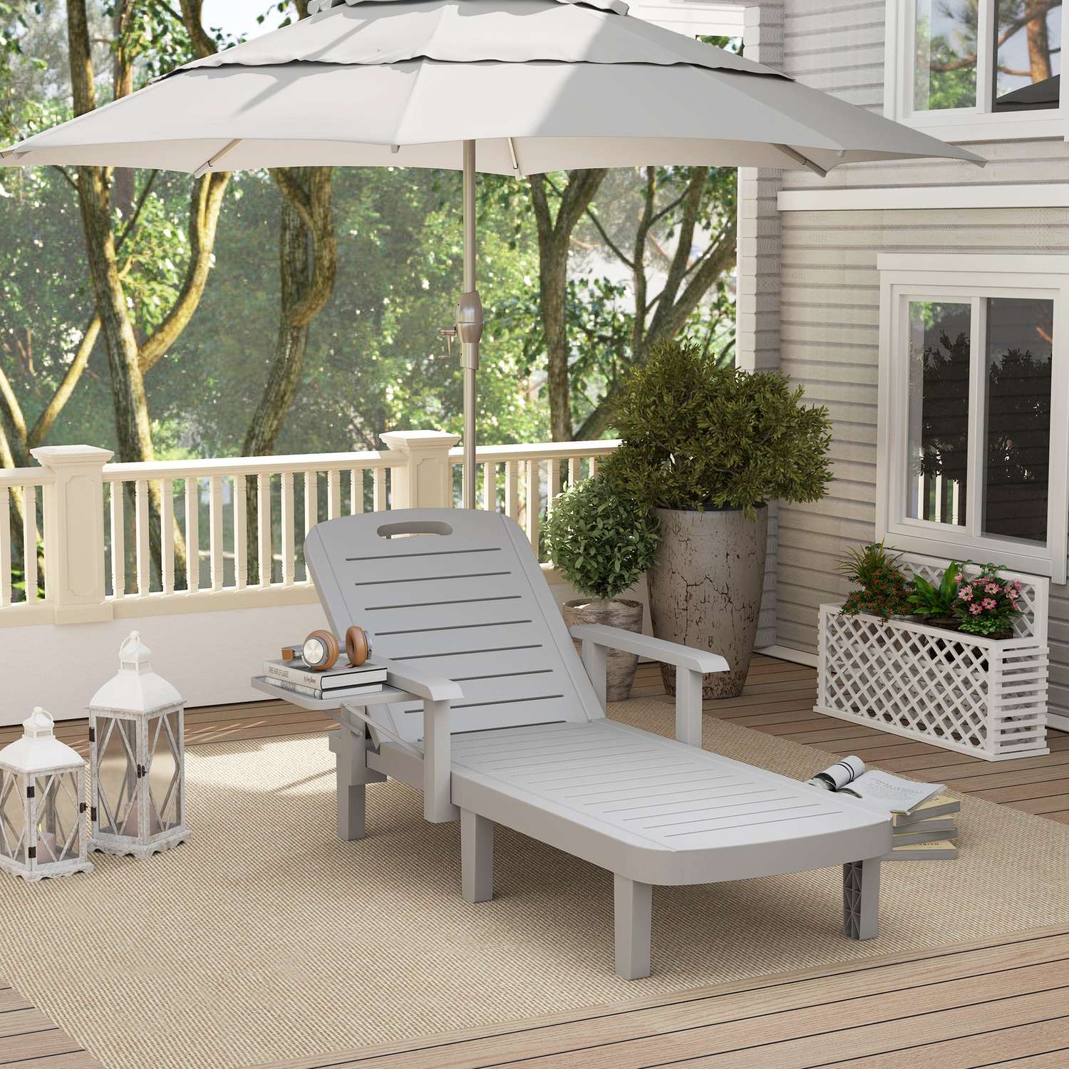 Utomhus solstolsset, trälook, justerbar i 5 positioner