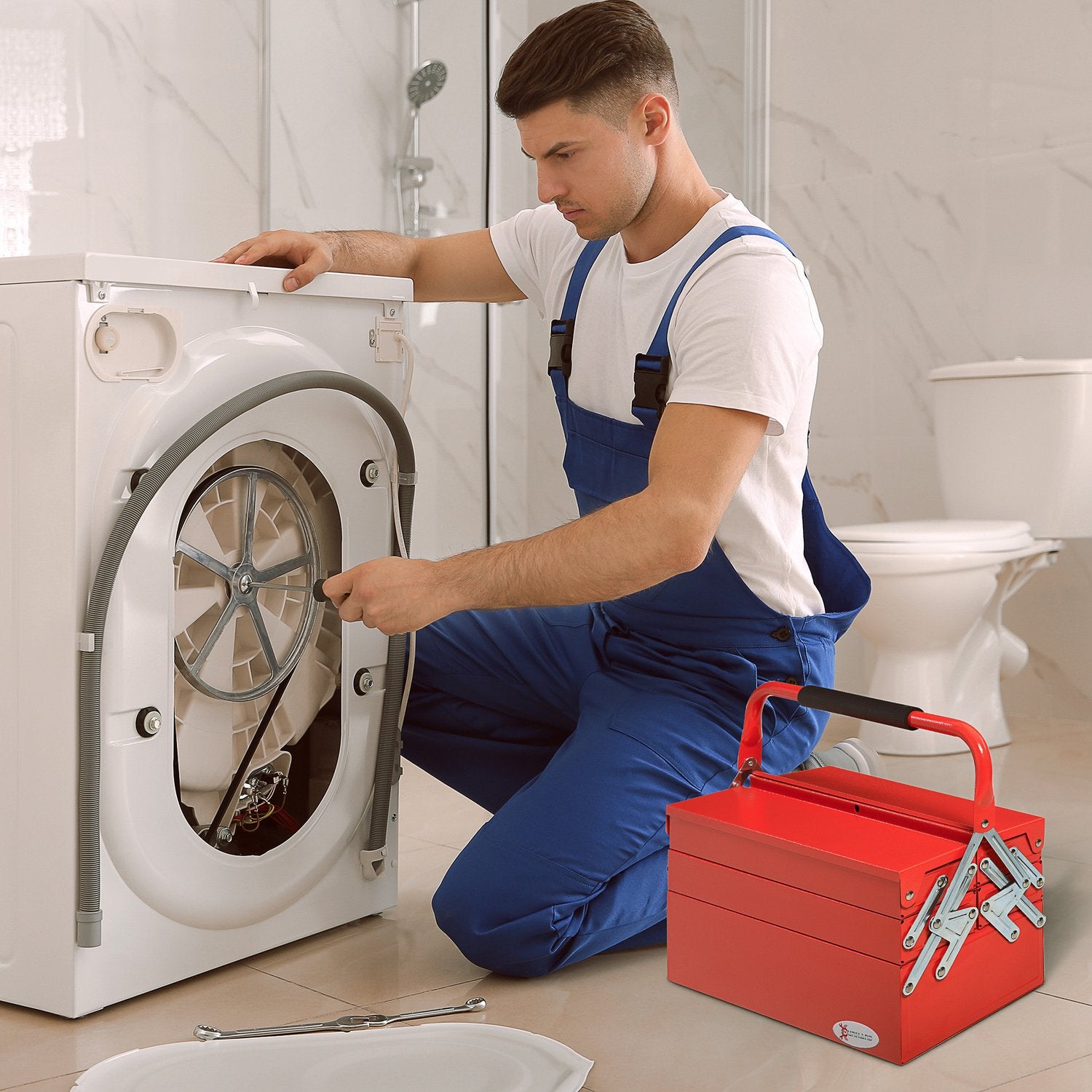 Utrymmesbesparande verktygslåda i stål med 5 fack, röd