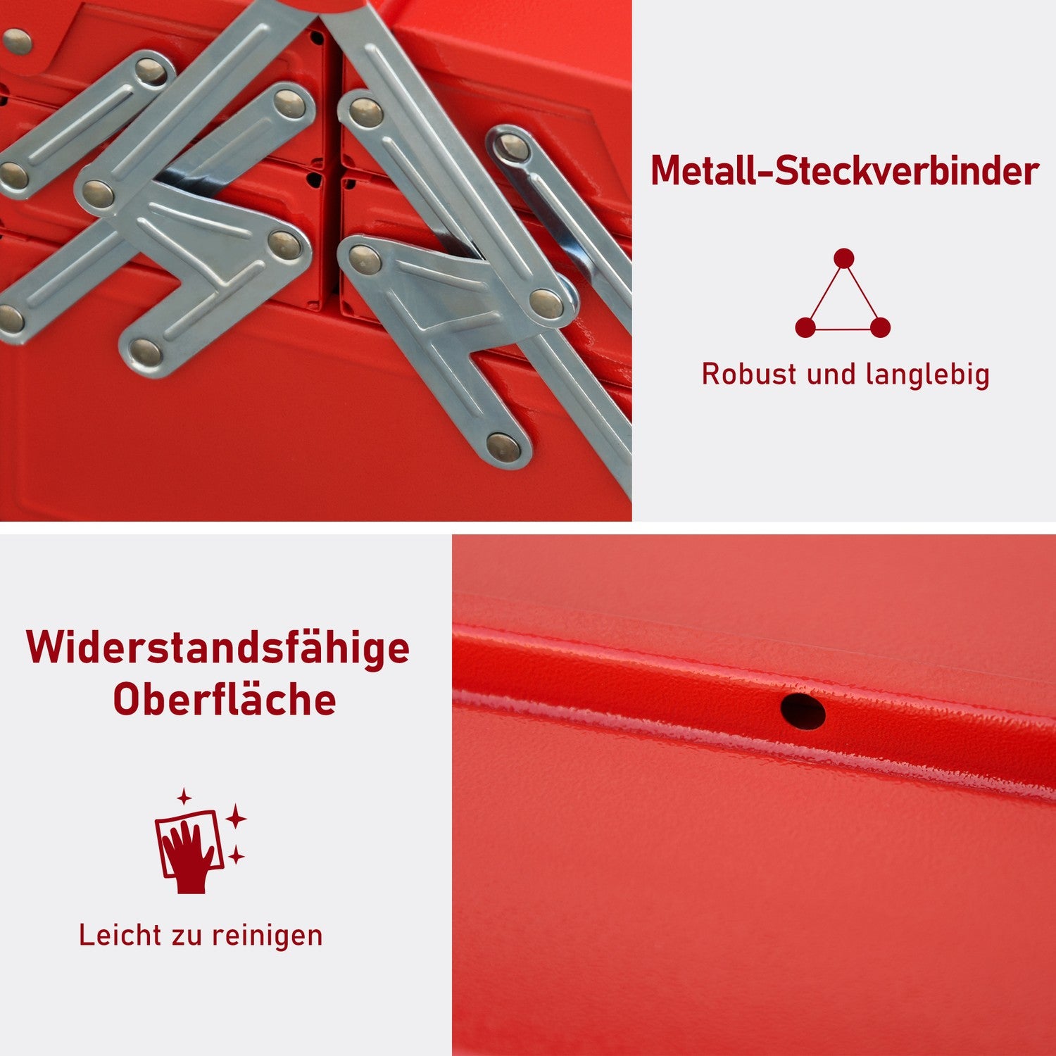 Utrymmesbesparande verktygslåda i stål med 5 fack, röd