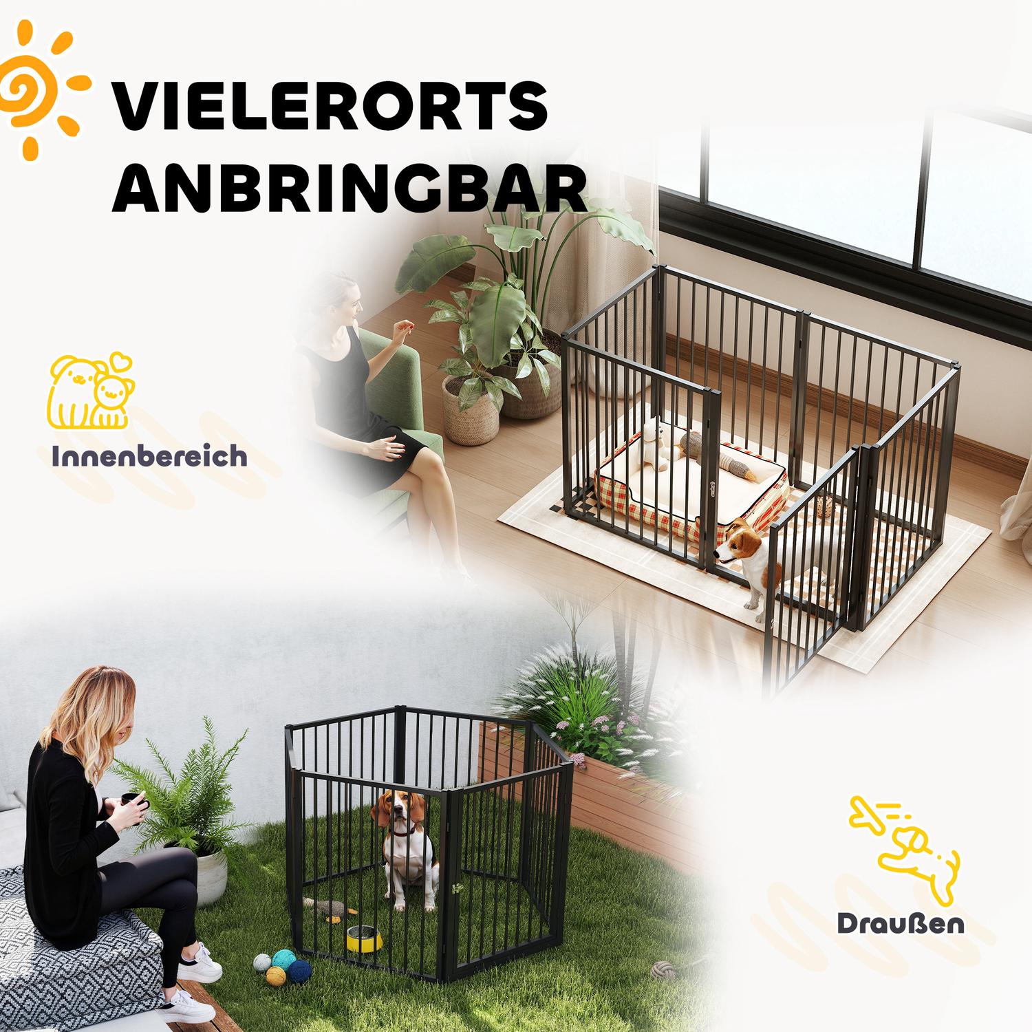 Valplekhage med dörr, svart stål, 6 paneler, 76 cm hög