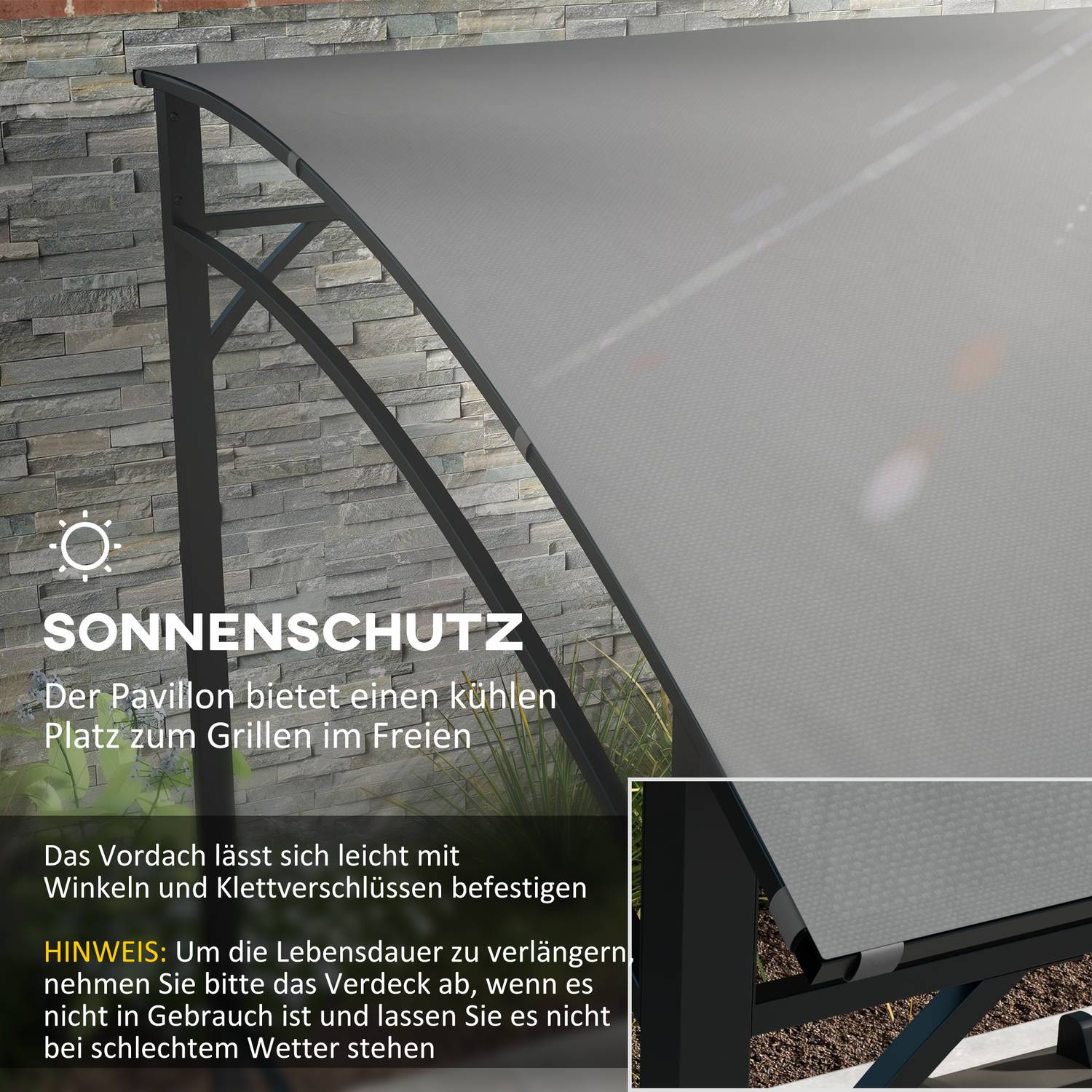 Vattenavvisande grillpaviljong, böjt tak, 215x150x220 cm, mörkgrå