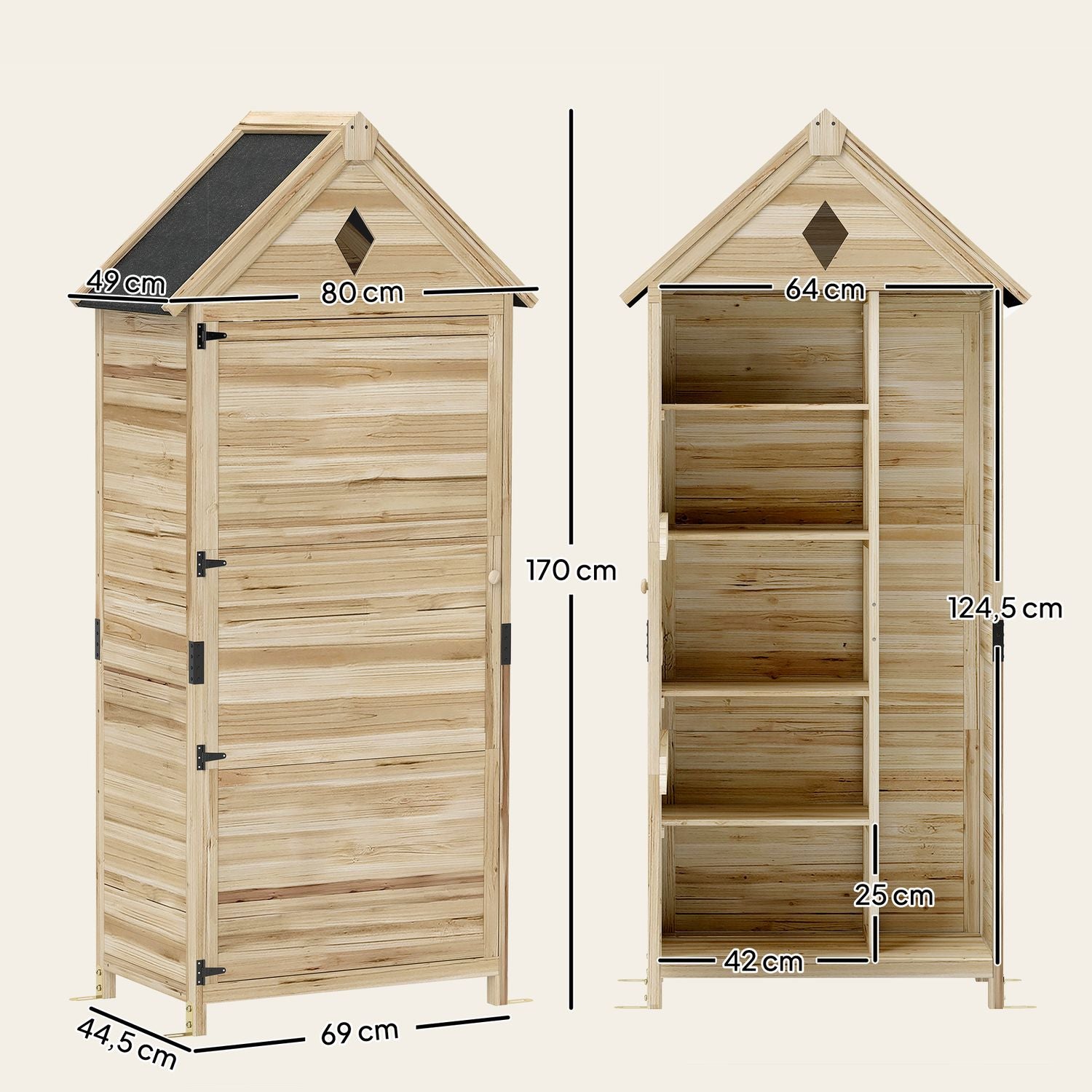 Vattentät Trädgårdsredskapsbod i trä, Asfalttak, 80x49x170 cm