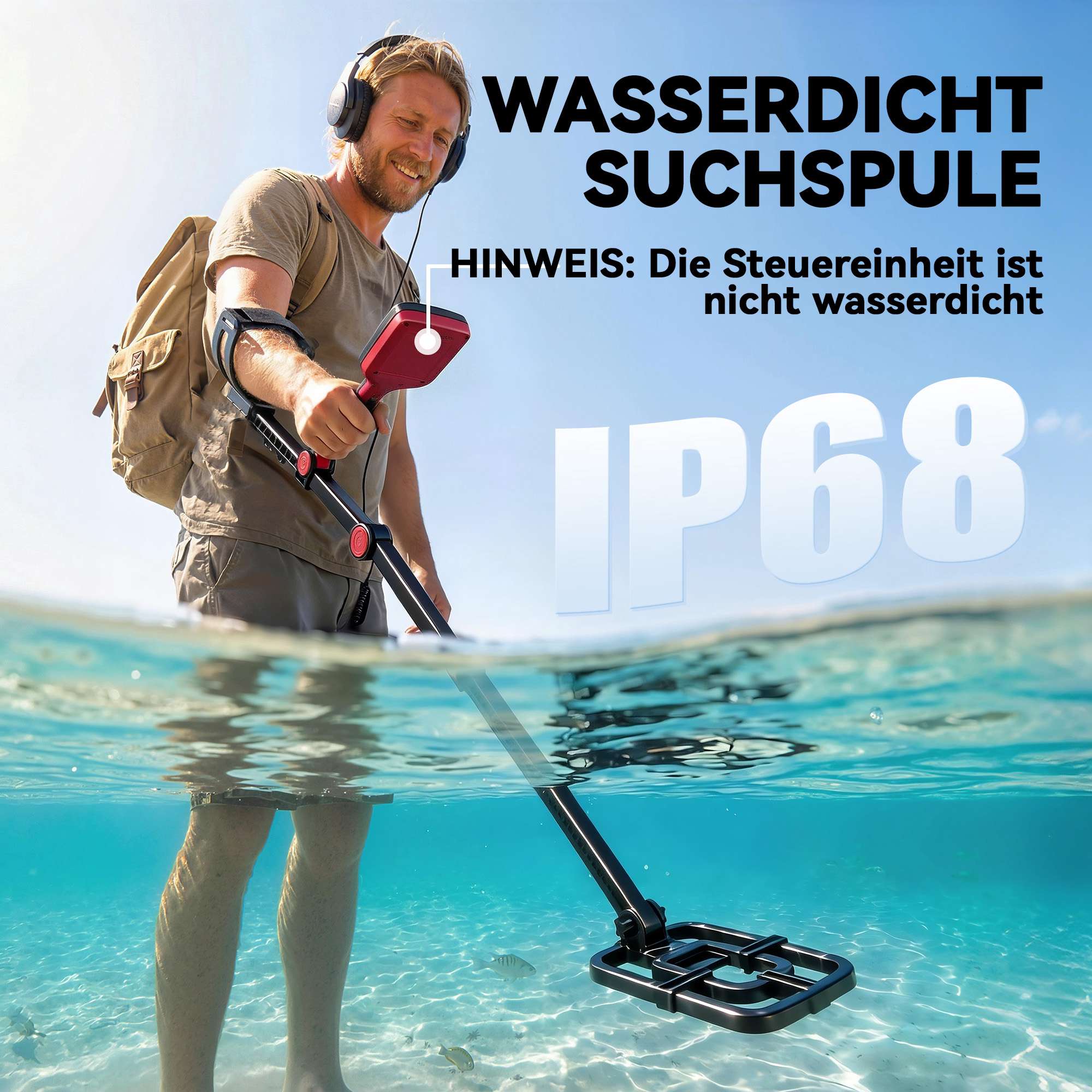 Vattentät hopfällbar metalldetektor med LCD-skärm och hörlurar