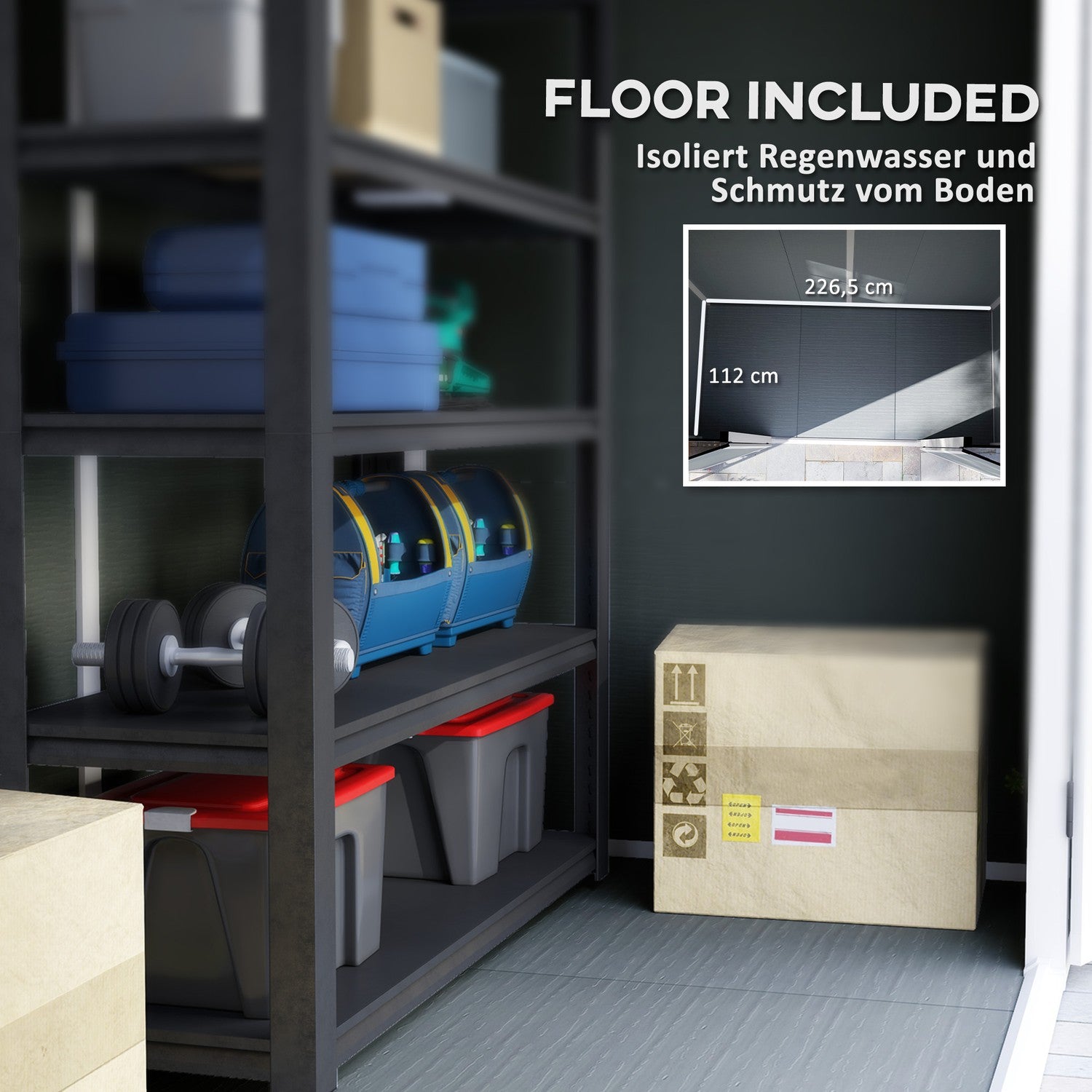 Vattentät metallredskapsbod 2,4 x 1,3 m, Grå