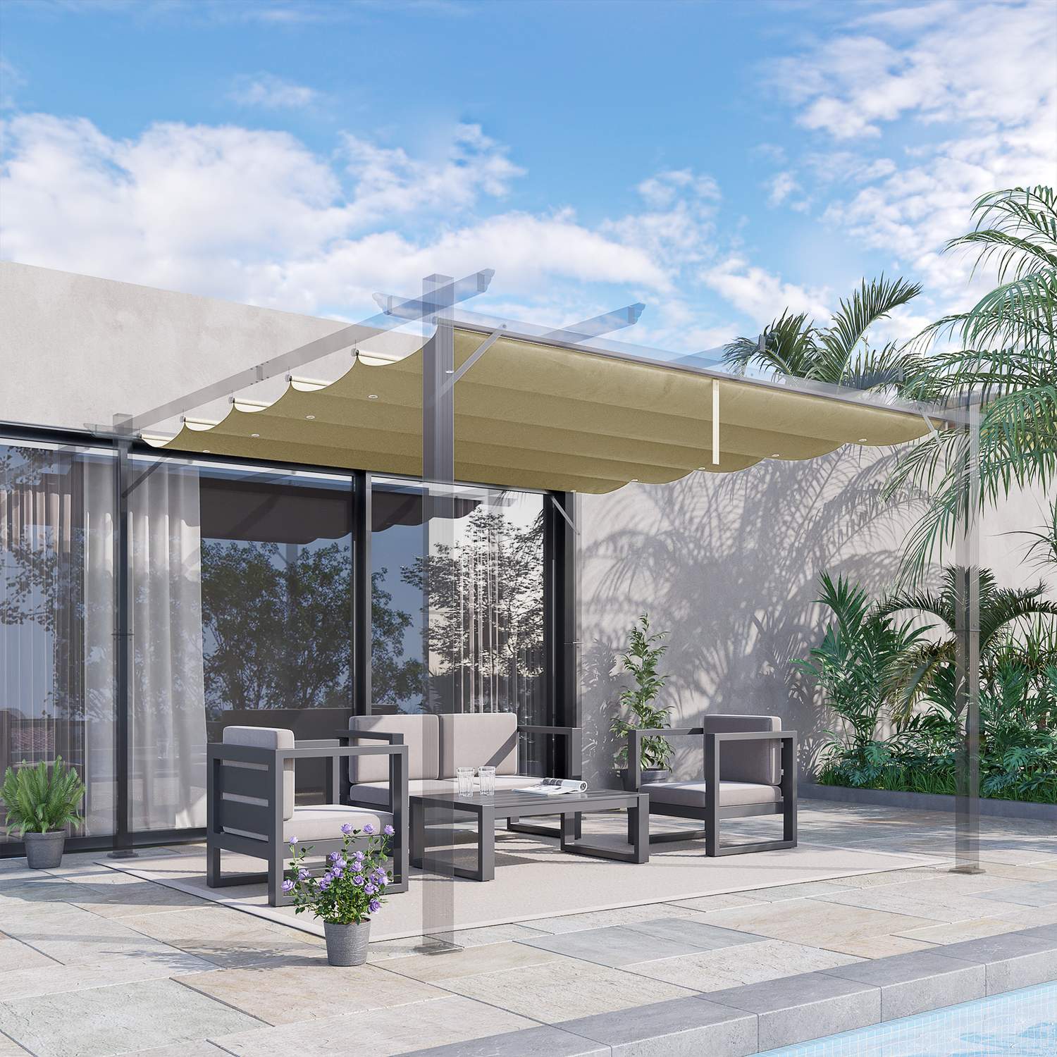 Vattentätt infällbart pergolatak 4x3m, Beige