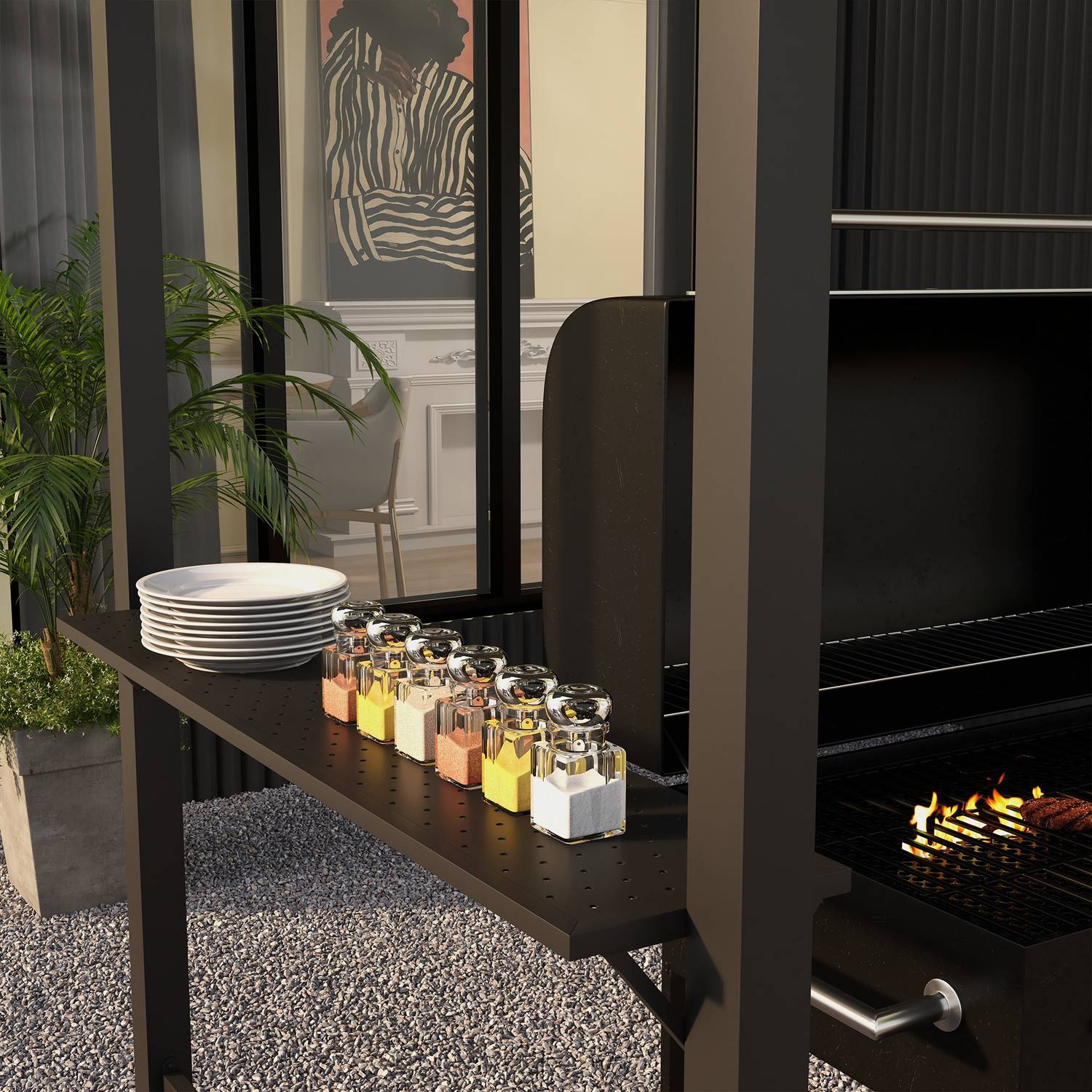 Väderbeständig BBQ Grill Gazebo – Khaki, stål, sidohyllor