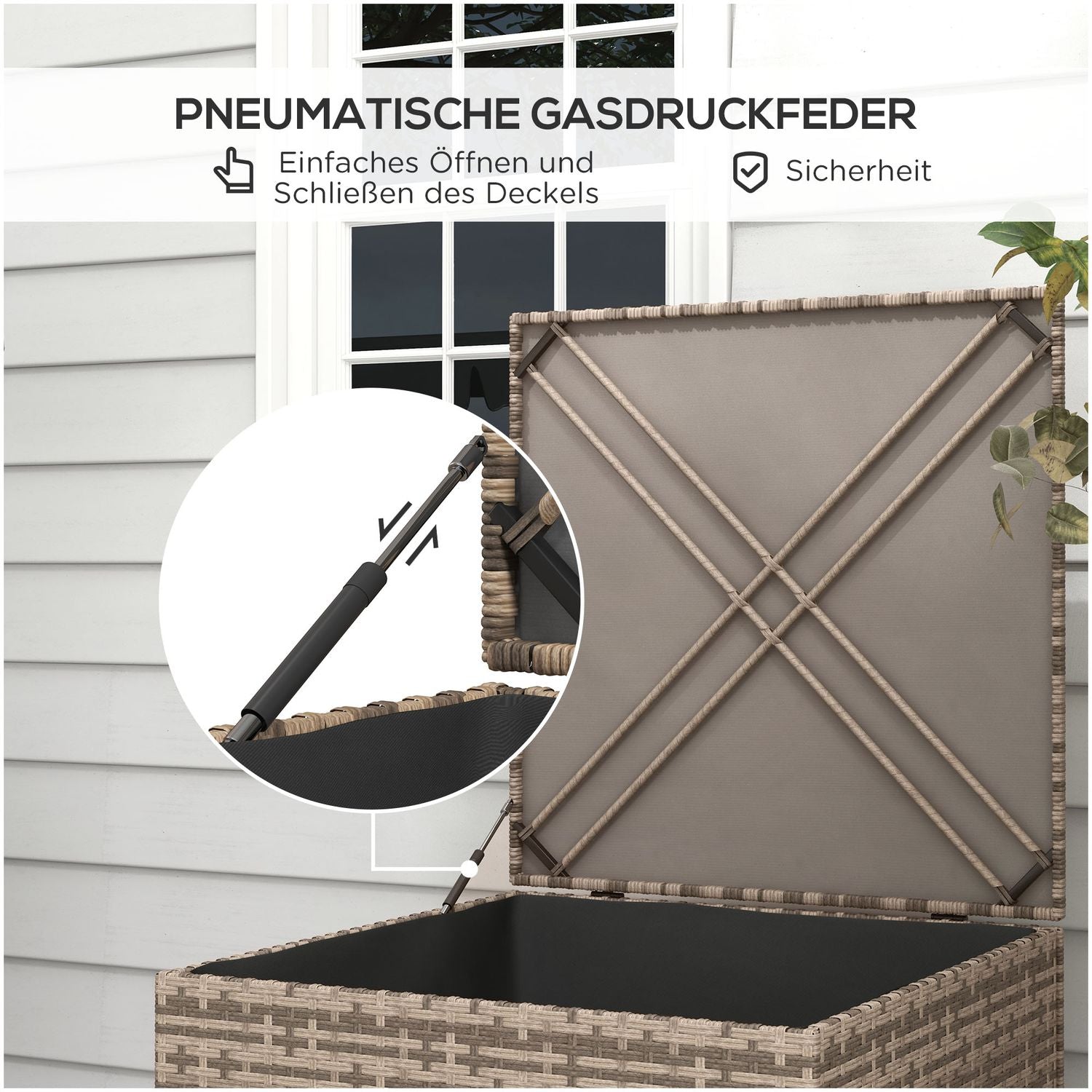 Väderbeständig förvaringslåda i polyrattan med autolyftlock