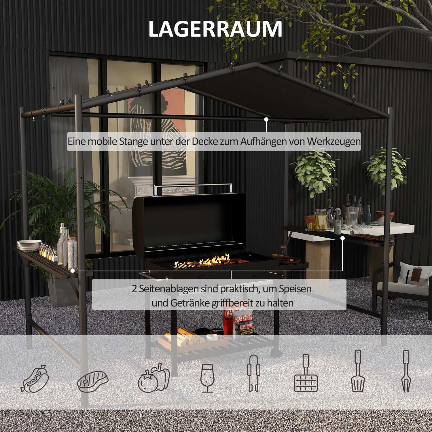 Väderbeständig grillpaviljong 3x1,5M med hyllor, stål