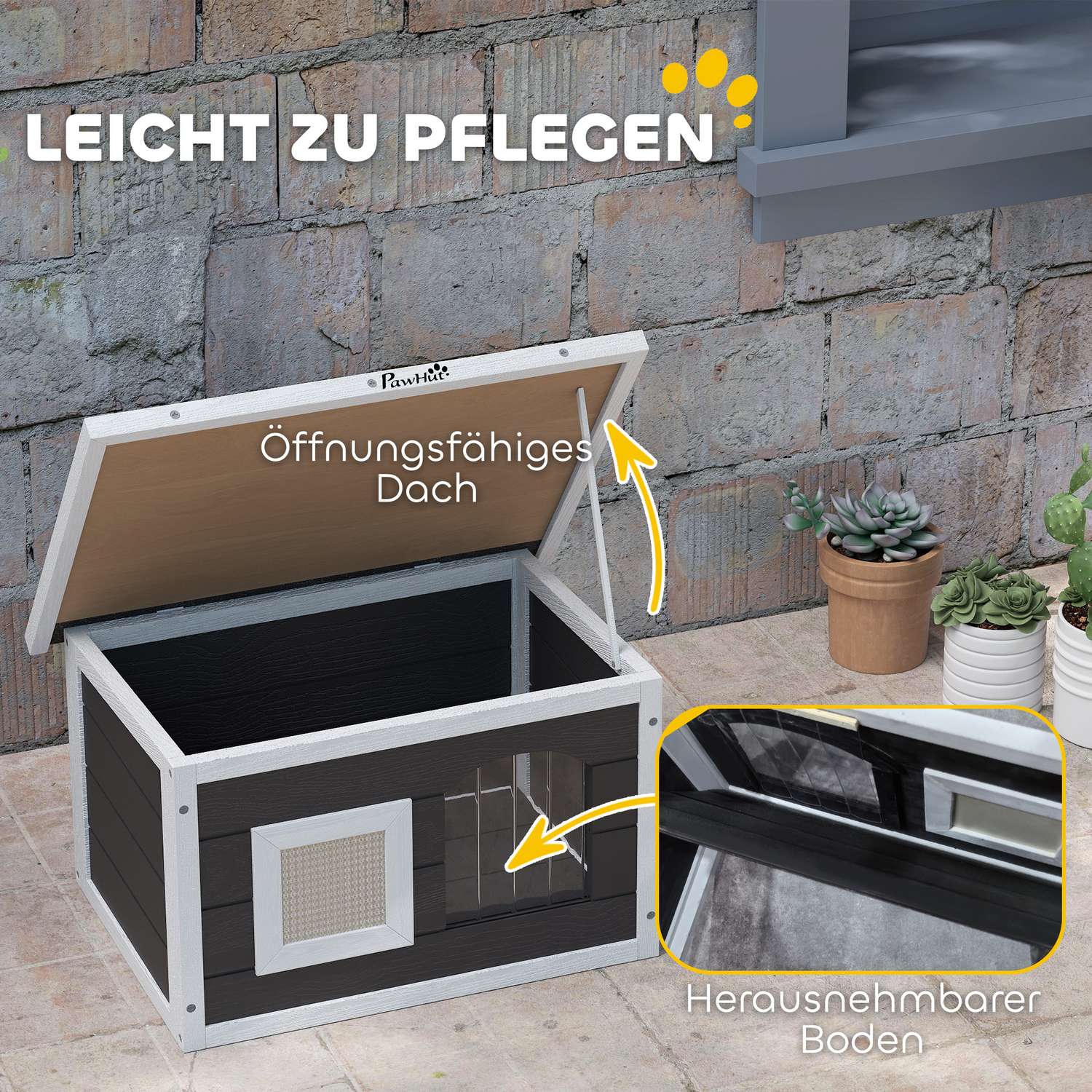 Väderbeständigt grått träkatthus med skrapmatta