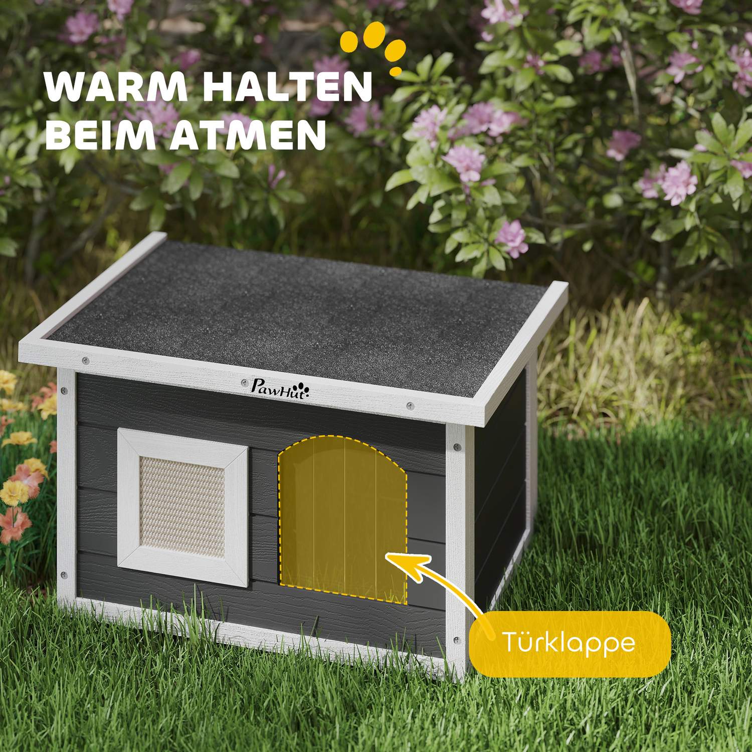 Väderbeständigt grått träkatthus med skrapmatta