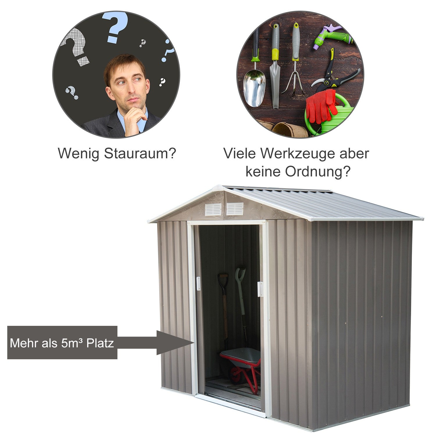 Väderbeständigt trädgårdsskjul i stål, skjutdörrar, golvstomme