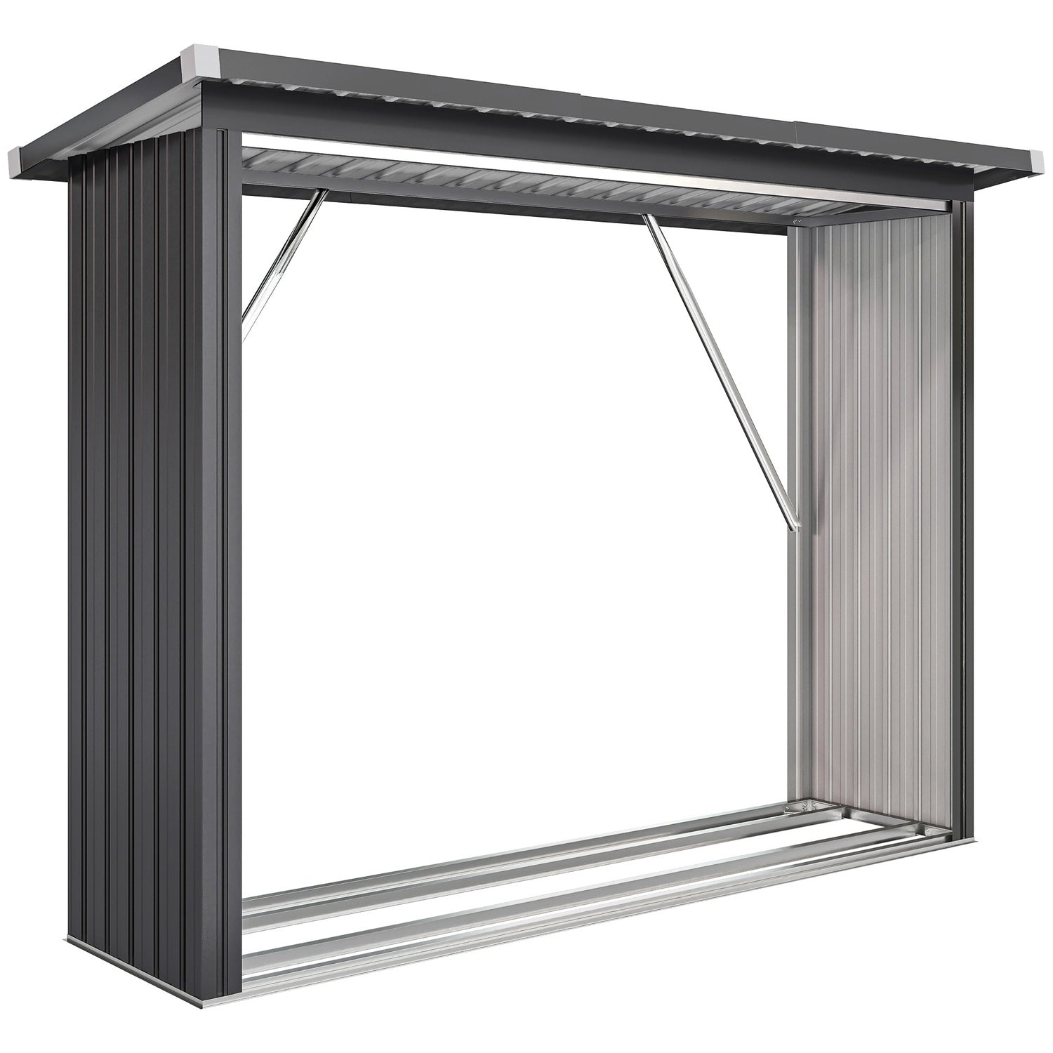 Vedbod, stål, förhöjt golv, 213x66,5x150 cm