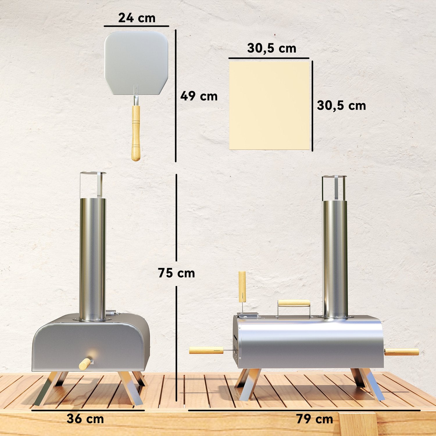 Vedeldad pizzaugn i rostfritt stål med sten, bärbar