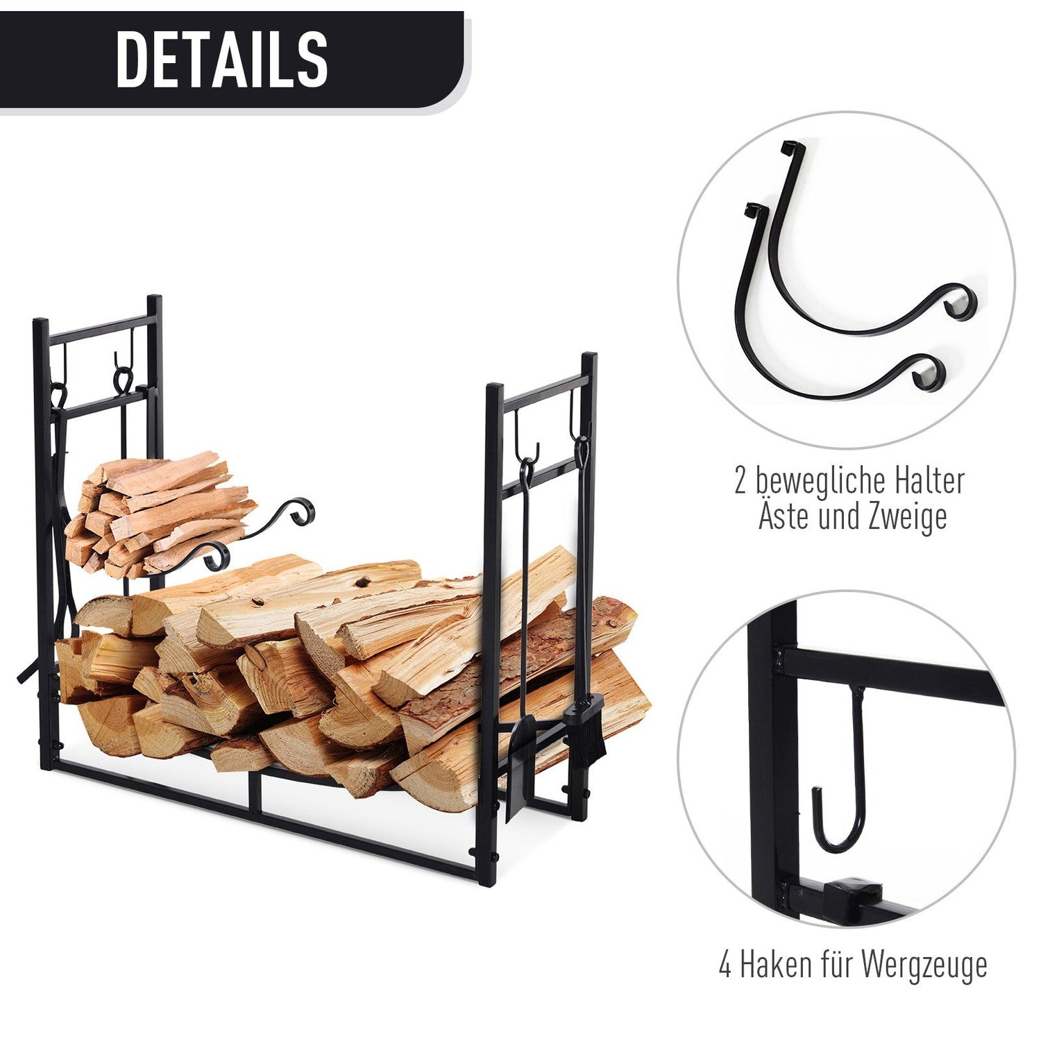 Vedställ, 2-lagers metall med krokar, 84x33x76 cm