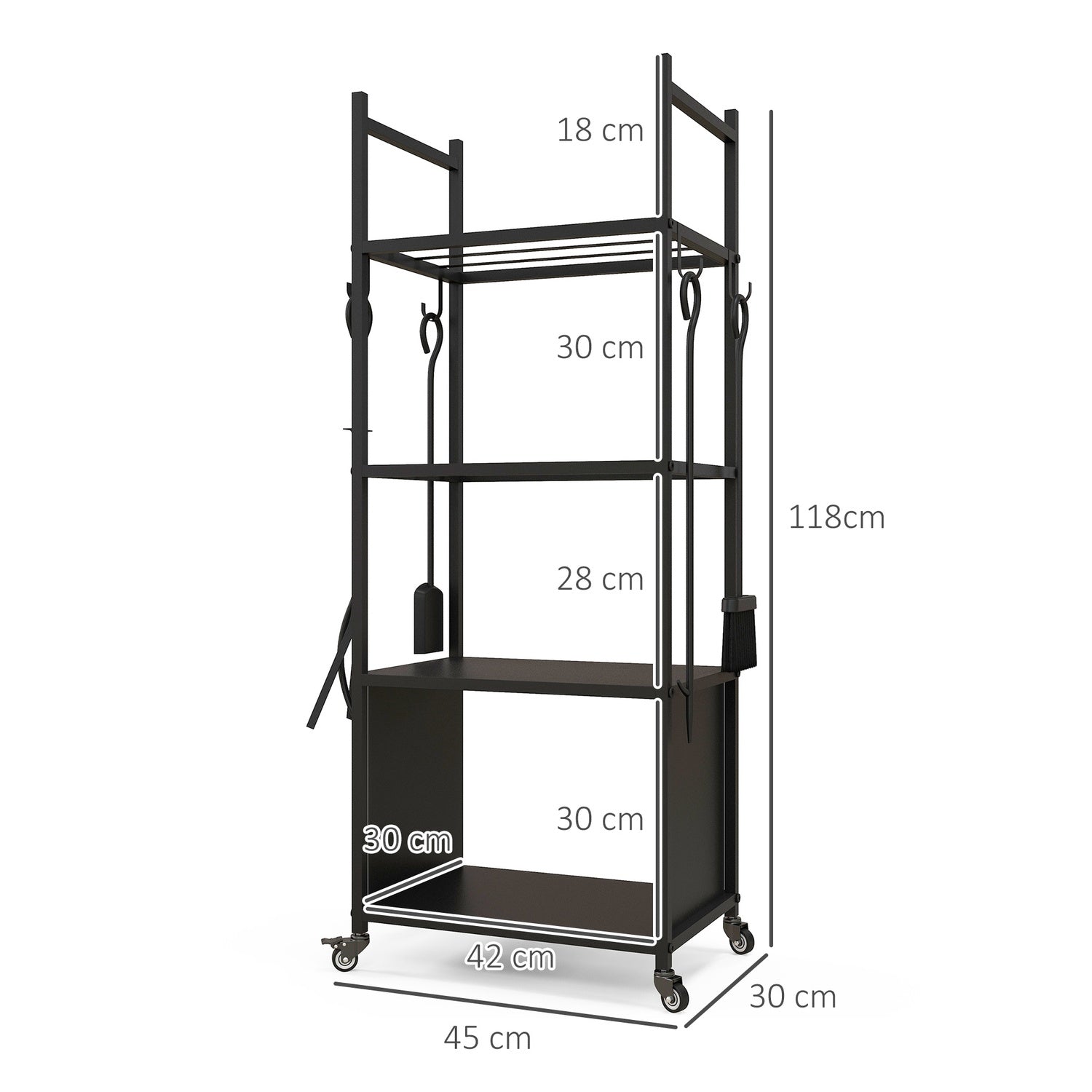 Vedställ i metall med hjul, 4 hyllor, 60 kg