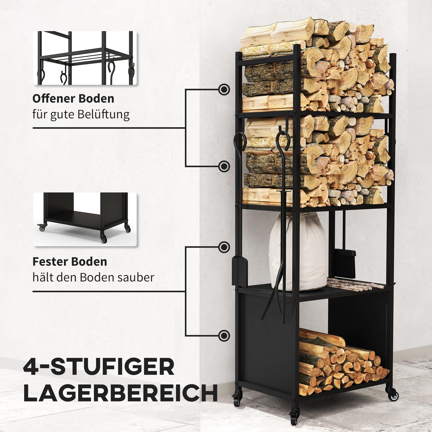 Vedställ i metall med hjul, 4 hyllor, 60 kg