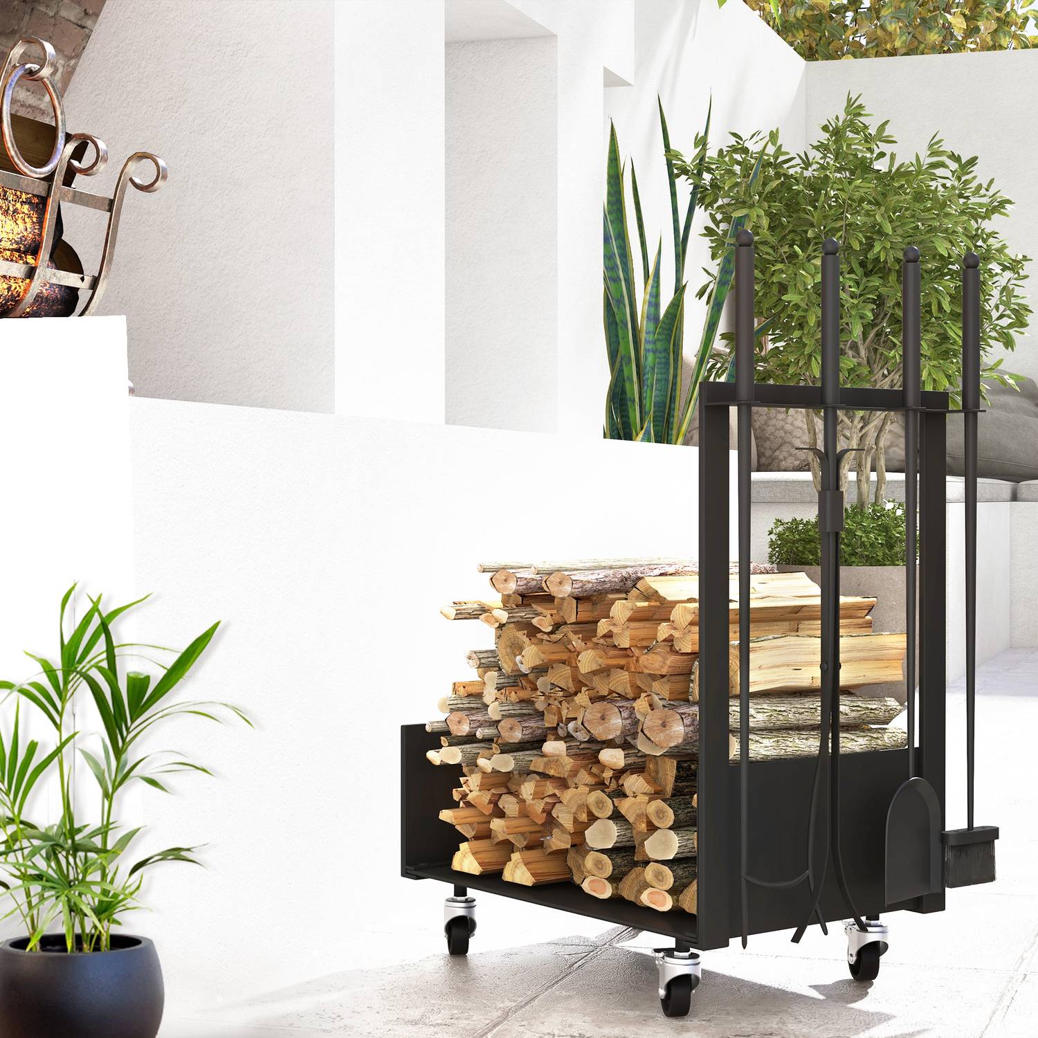 Vedställ i metall med hjul och verktyg, svart, 48x30x76 cm