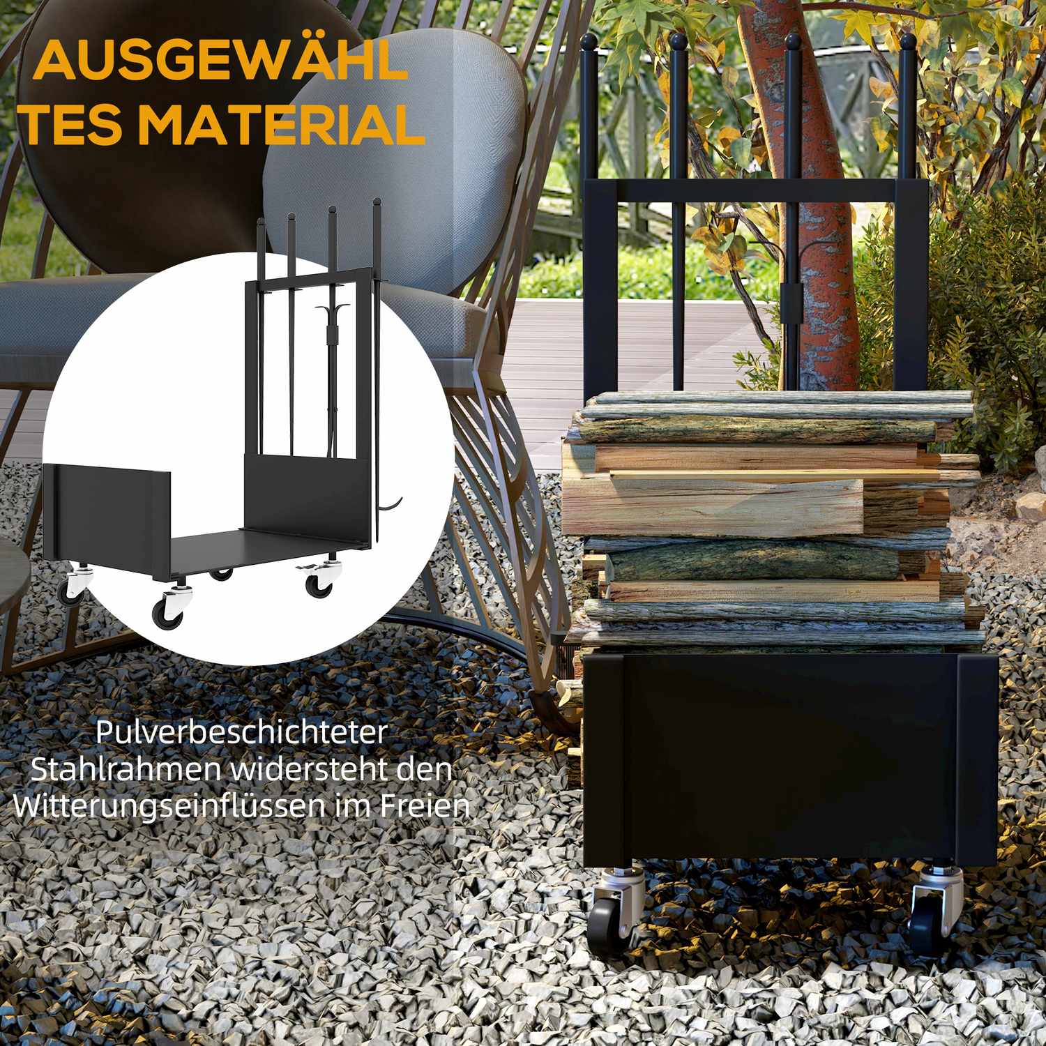 Vedställ i metall med hjul och verktyg, svart, 48x30x76 cm