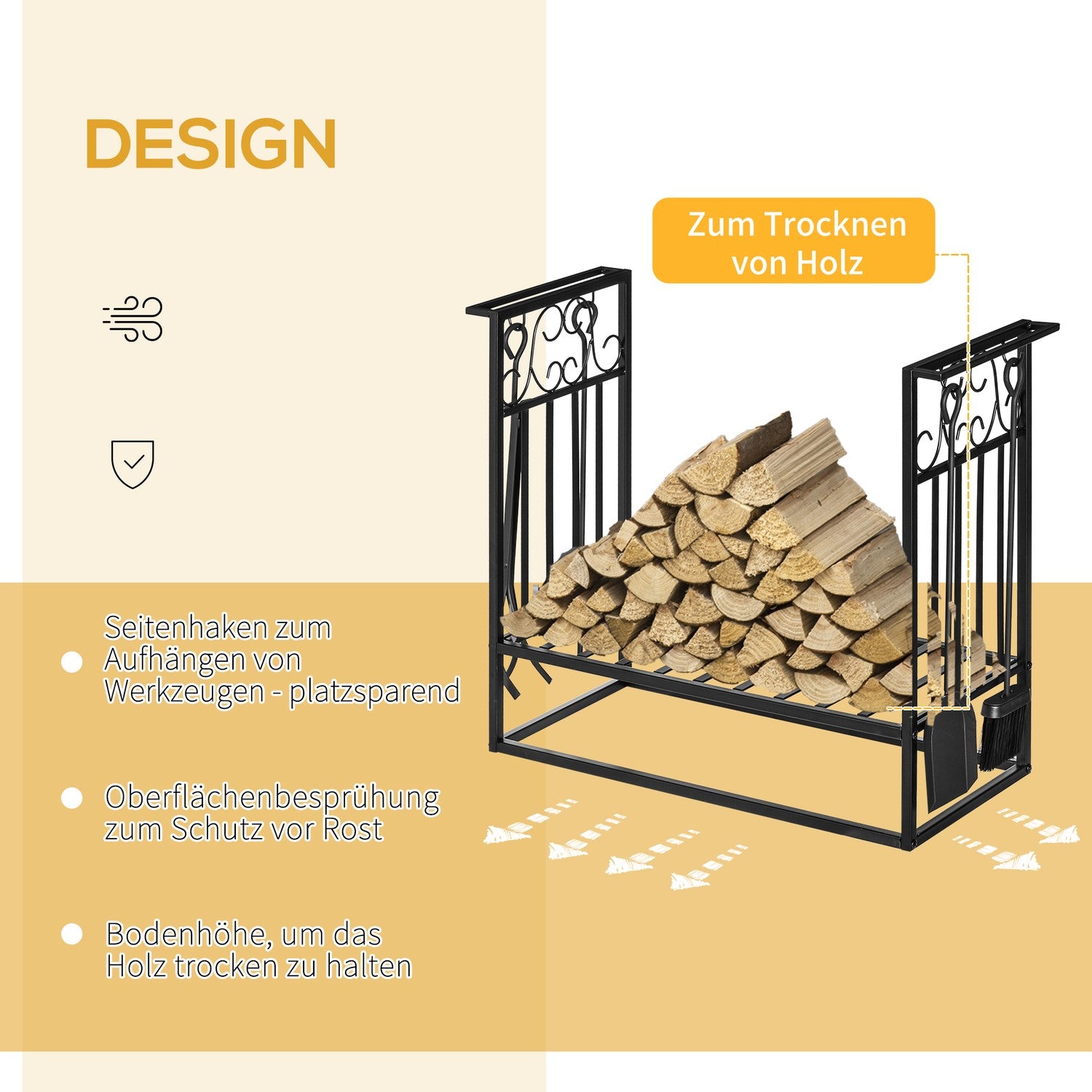 Vedställ i stål med spisverktyg, 75x30x60 cm