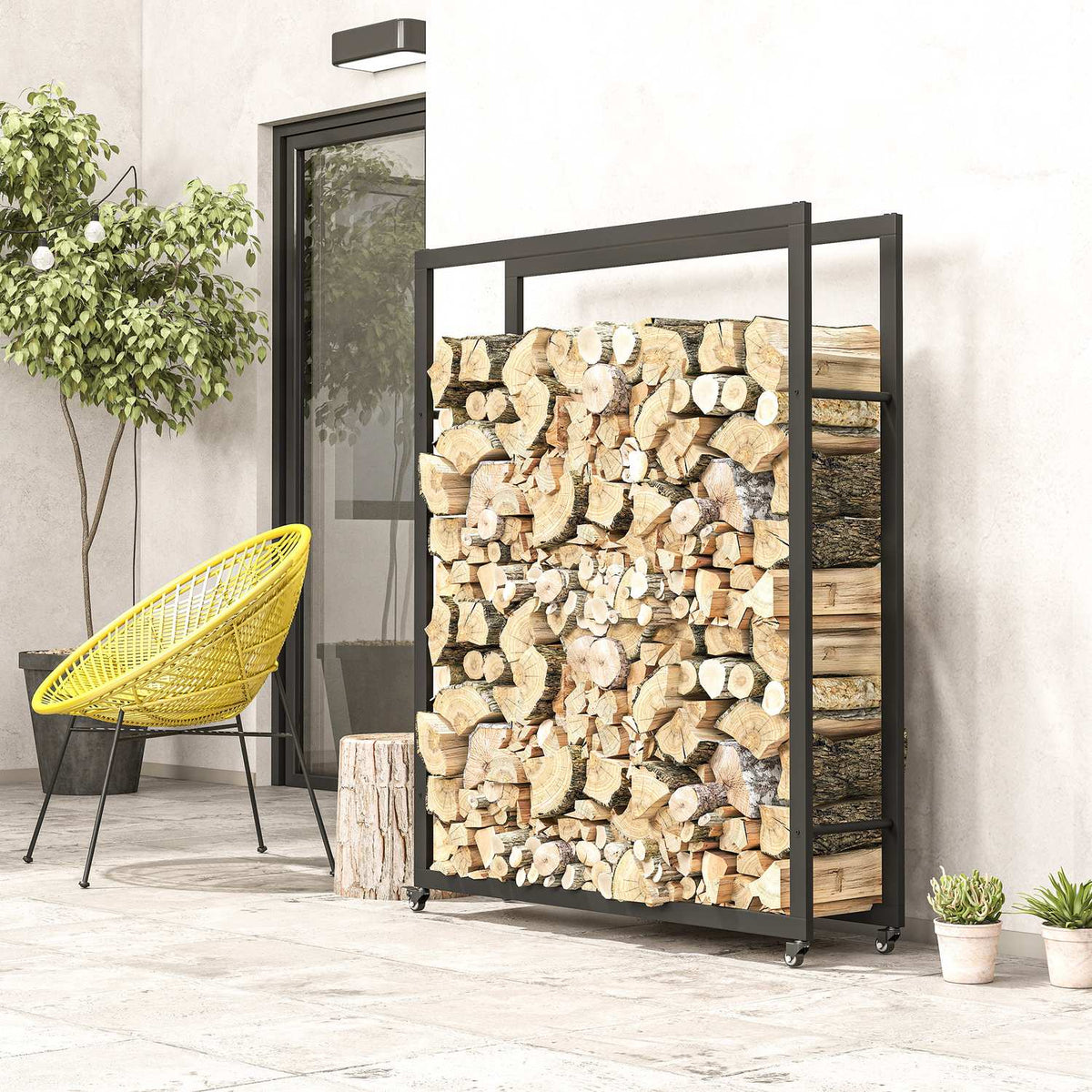 Pojízdný stojan na dřevo, mobilní, kovový rám, nosnost až 150 kg, 120 x 32 x 151 cm, černý