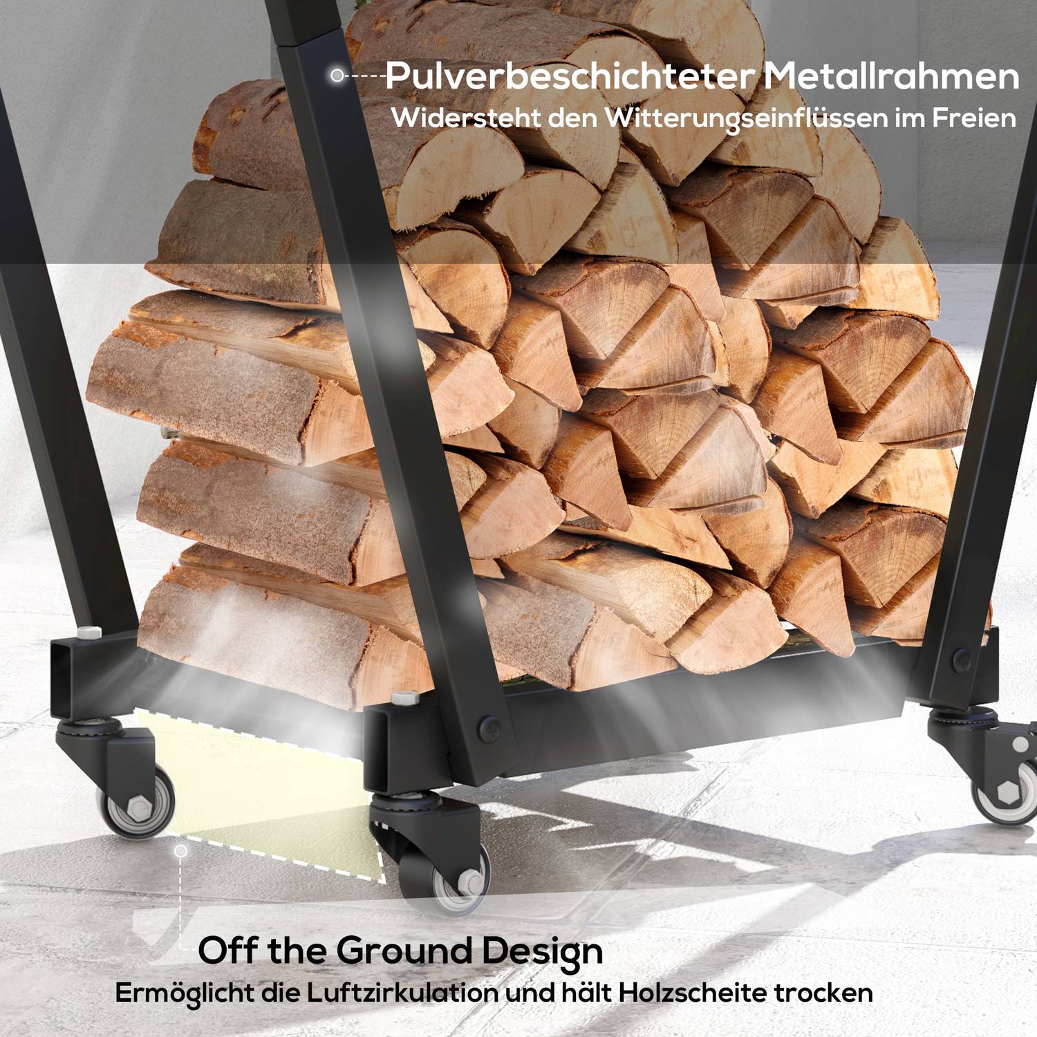 Vedställ med hjul, svart metall, 79x30x81 cm