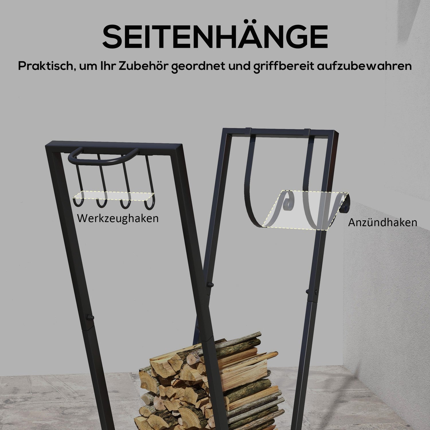 Vedställ med hjul, svart metall, 79x30x81 cm