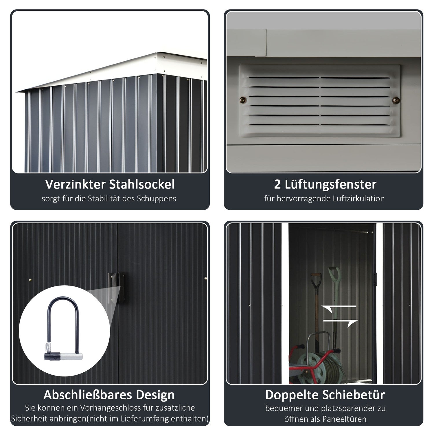 Utomhus redskapsskjul i stål med skjutdörr, ventilationsfönster