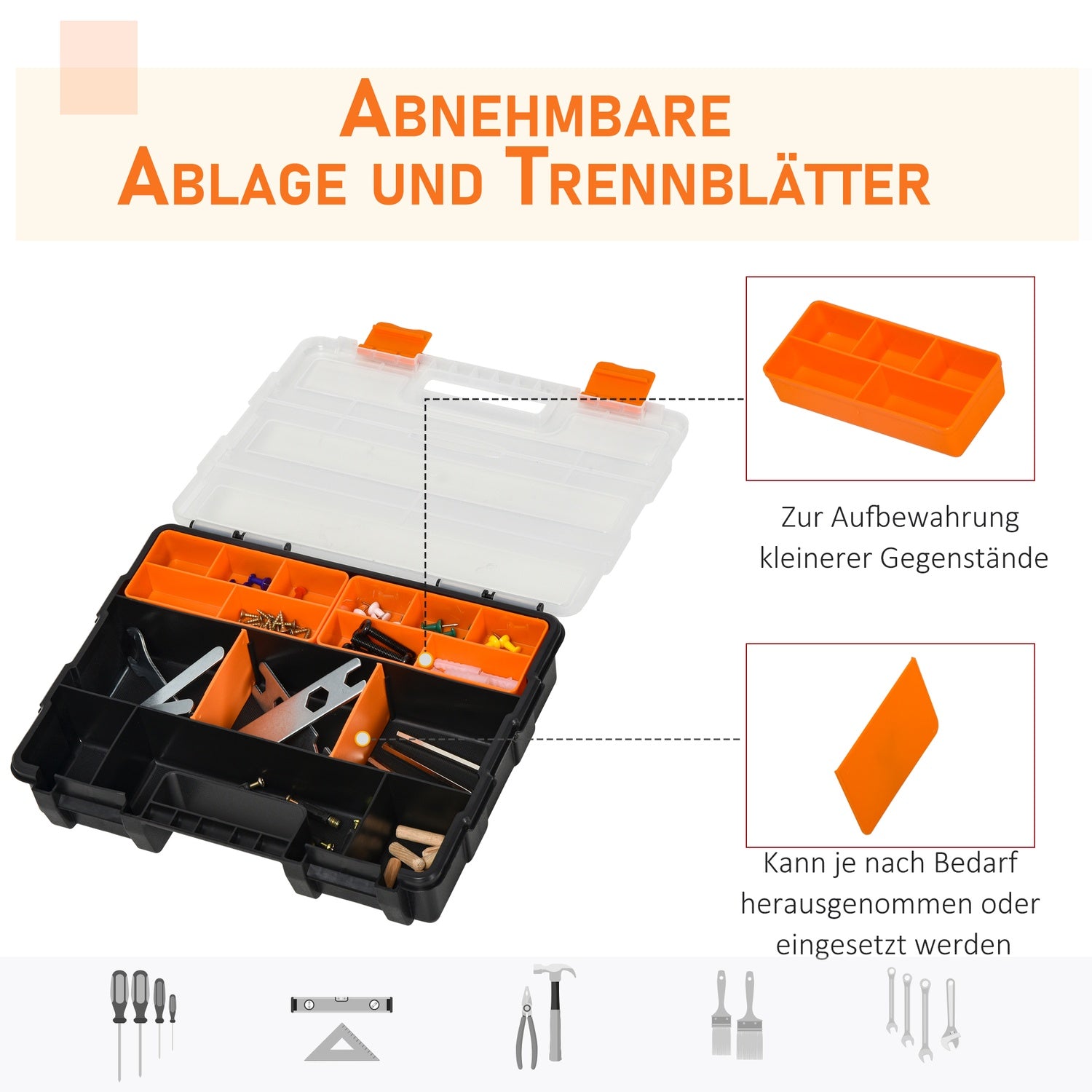 Multifunktionell verktygsförvaringslåda, 4-delad, plast, orange/svart
