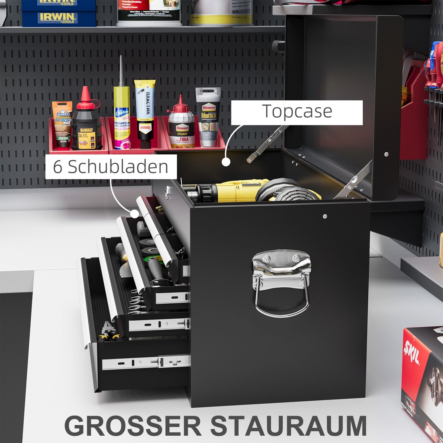 Verktygslåda i stål – 6 lådor, Låsbar, 60x26x34 cm