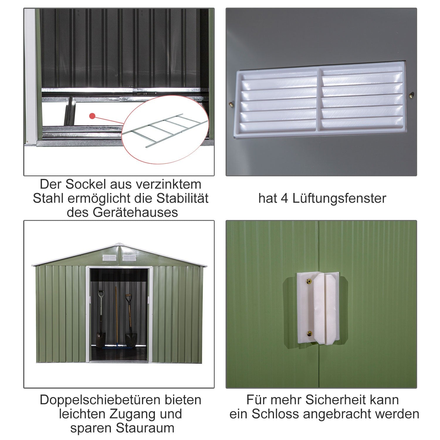 Verktygsskjul i metall med fundament, ljusgrön, 277x195x192 Cm