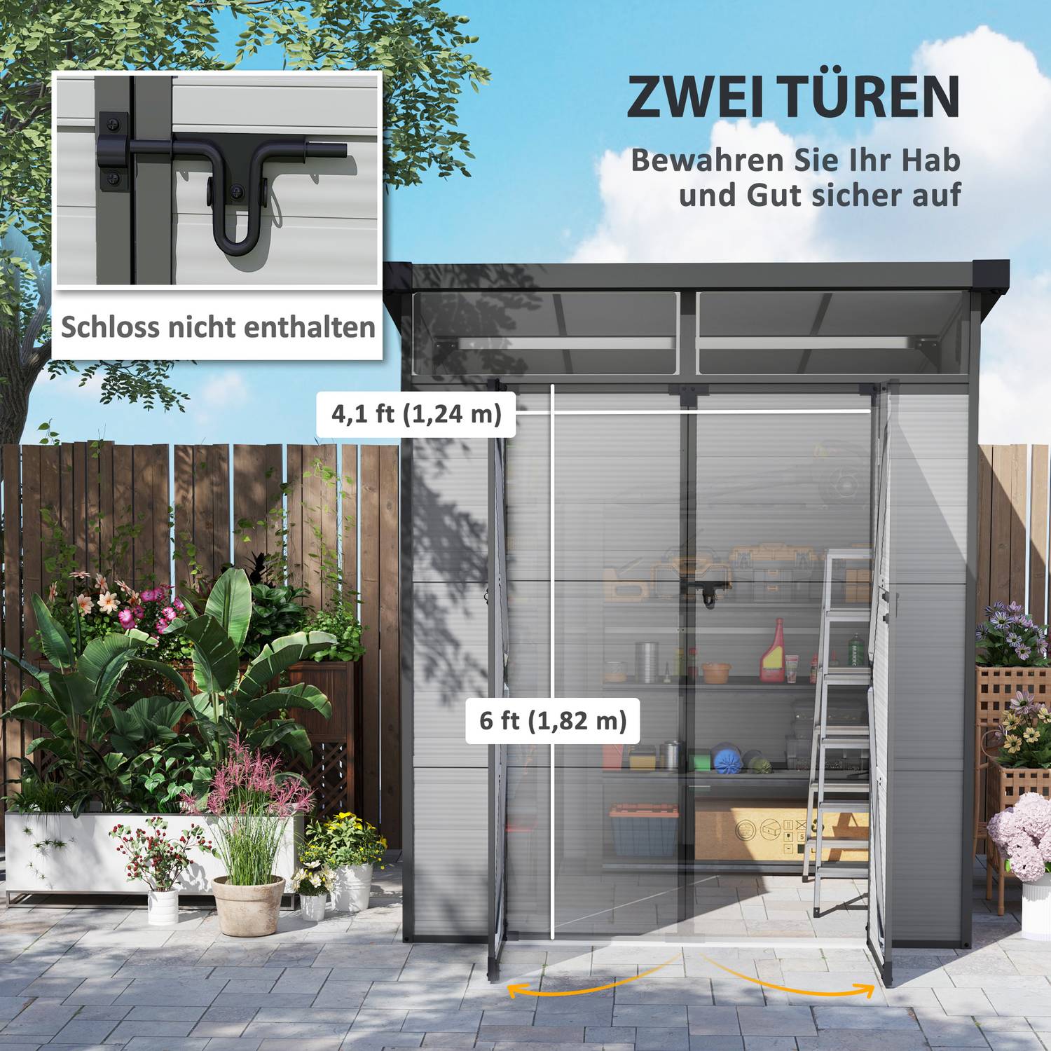 Verktygsskjul i plast – 3,24 m³, låsbar, väderbeständig, ljusgrå