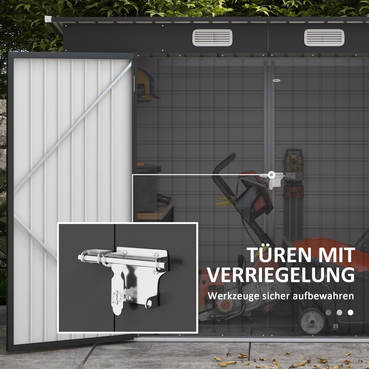 Verktygsskjul i stål med lås – UV-skyddad, dubbeldörr