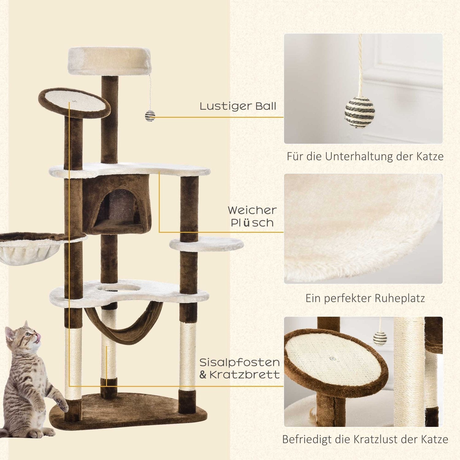 Skrapstolpe Xxl Med Cat Cave & Hammock Multi-Level Cat Tree Multi-Activity Center, Plysch, Brun, 213X91X122Cm