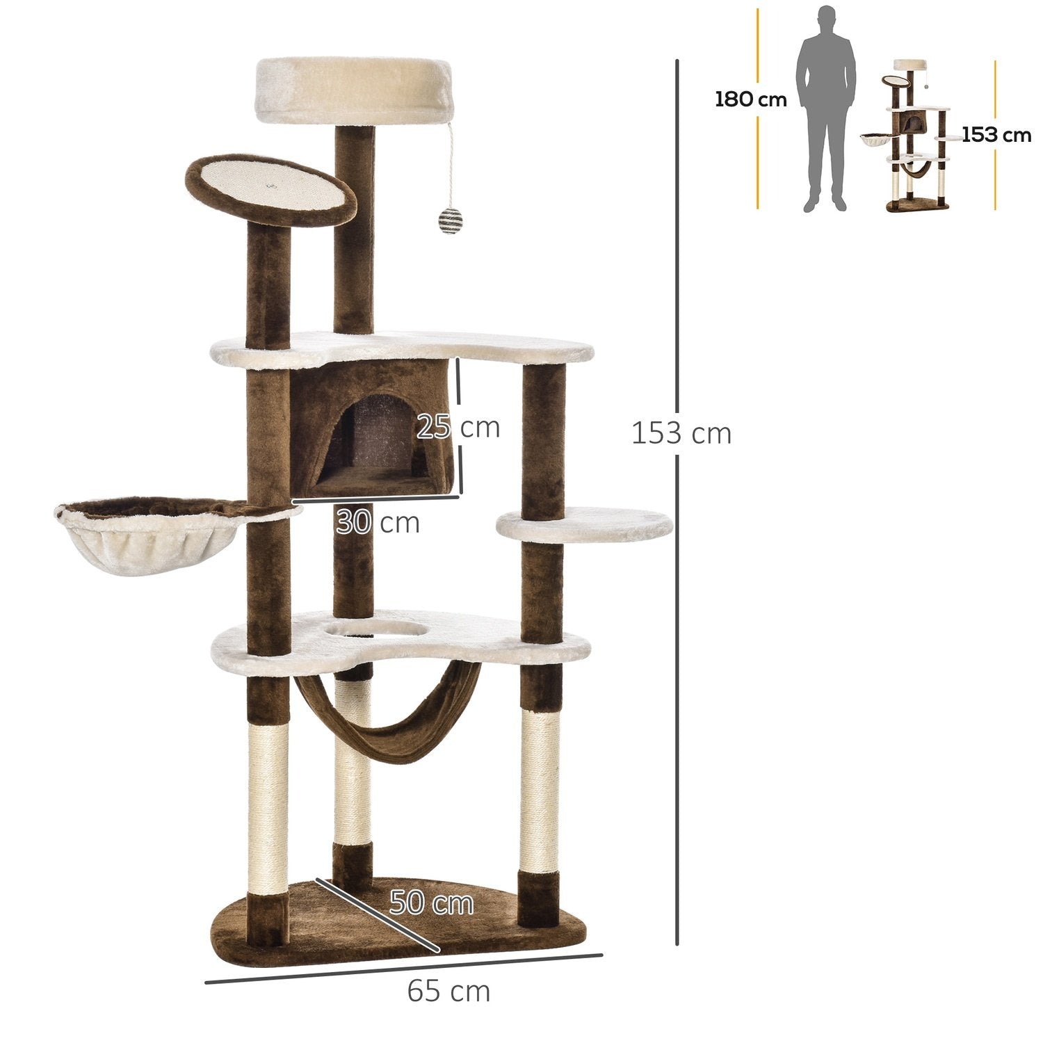 Skrapstolpe Xxl Med Cat Cave & Hammock Multi-Level Cat Tree Multi-Activity Center, Plysch, Brun, 213X91X122Cm