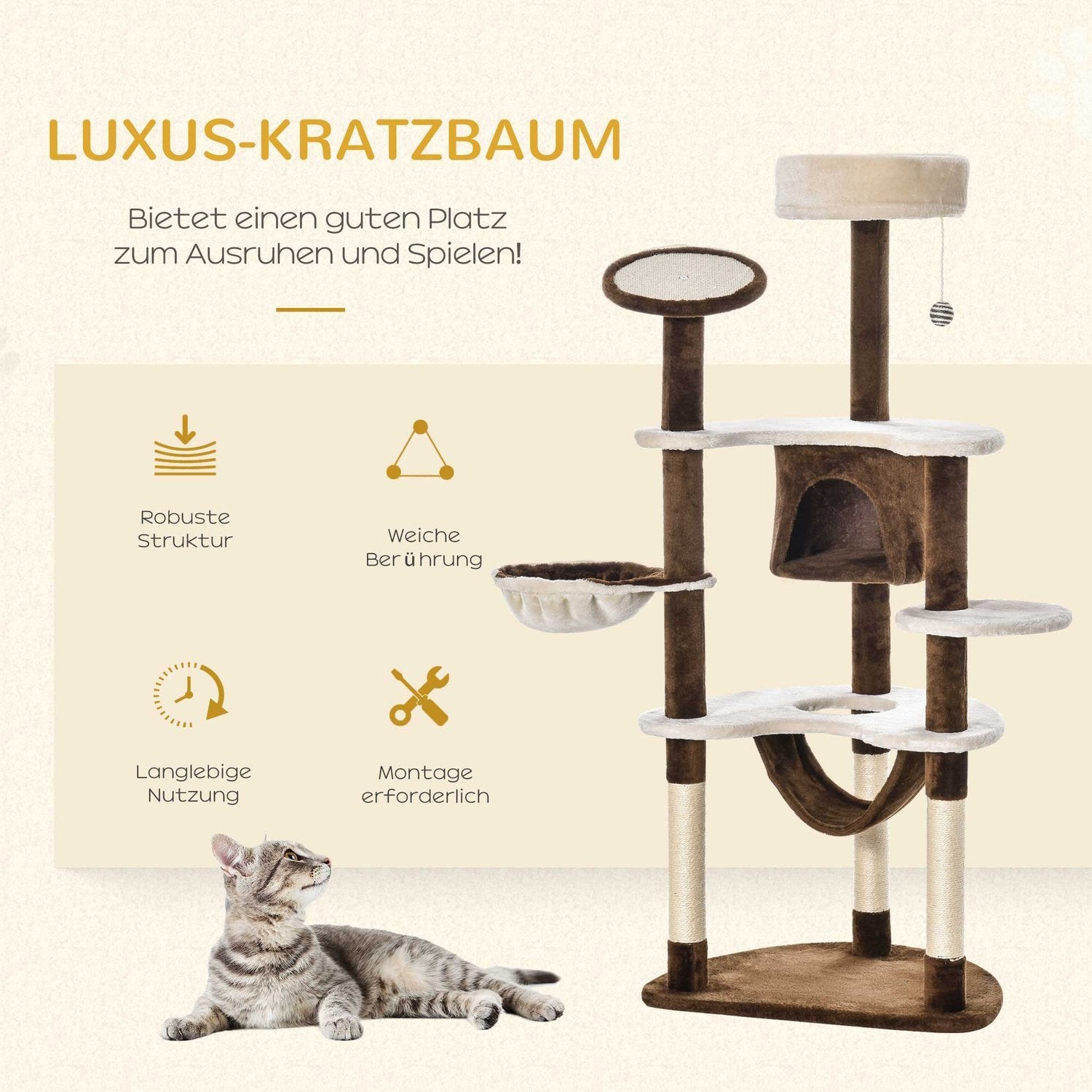 Skrapstolpe Xxl Med Cat Cave & Hammock Multi-Level Cat Tree Multi-Activity Center, Plysch, Brun, 213X91X122Cm