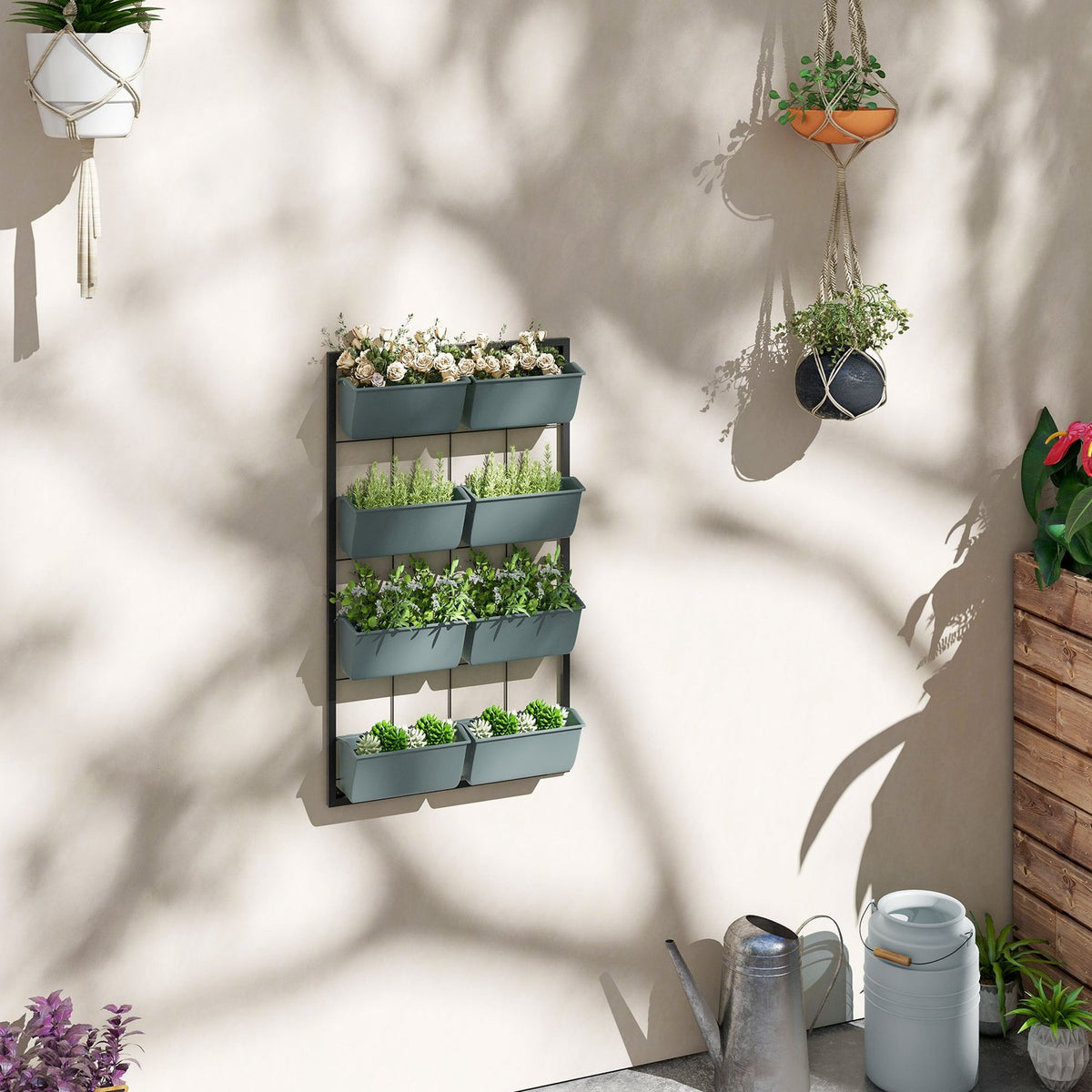 Vägghängt blomsterställ med 8 krukor – Mörkgrön