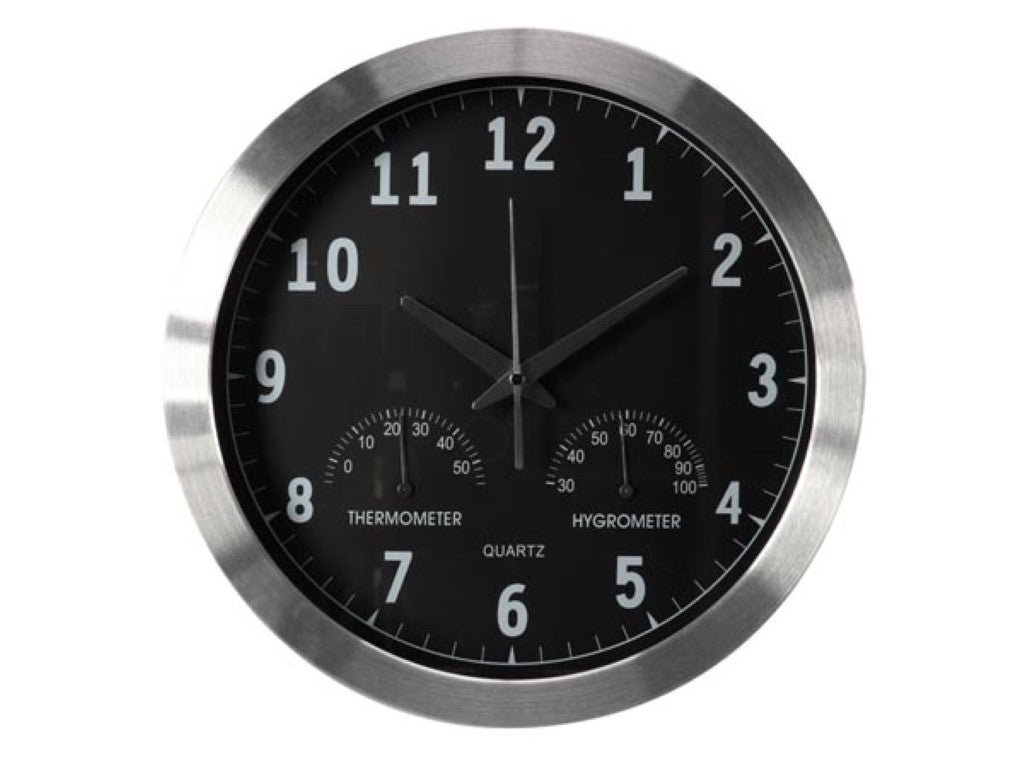 Väggklocka i aluminium med termometer & hygrometer - Ø 35,5 Cm