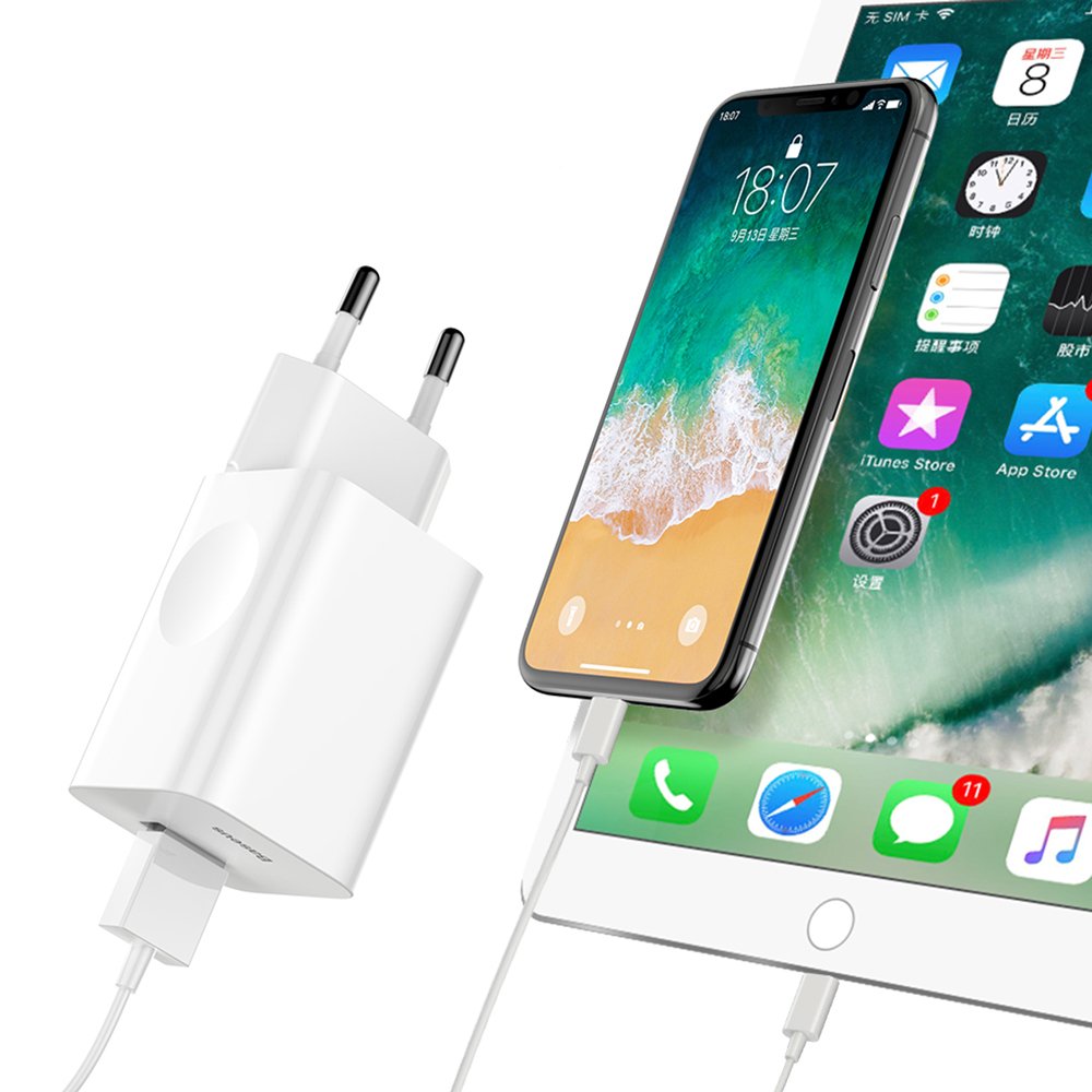 Väggladdare, nätaggregat för USB Quick Charge 3.0 kabel, vit