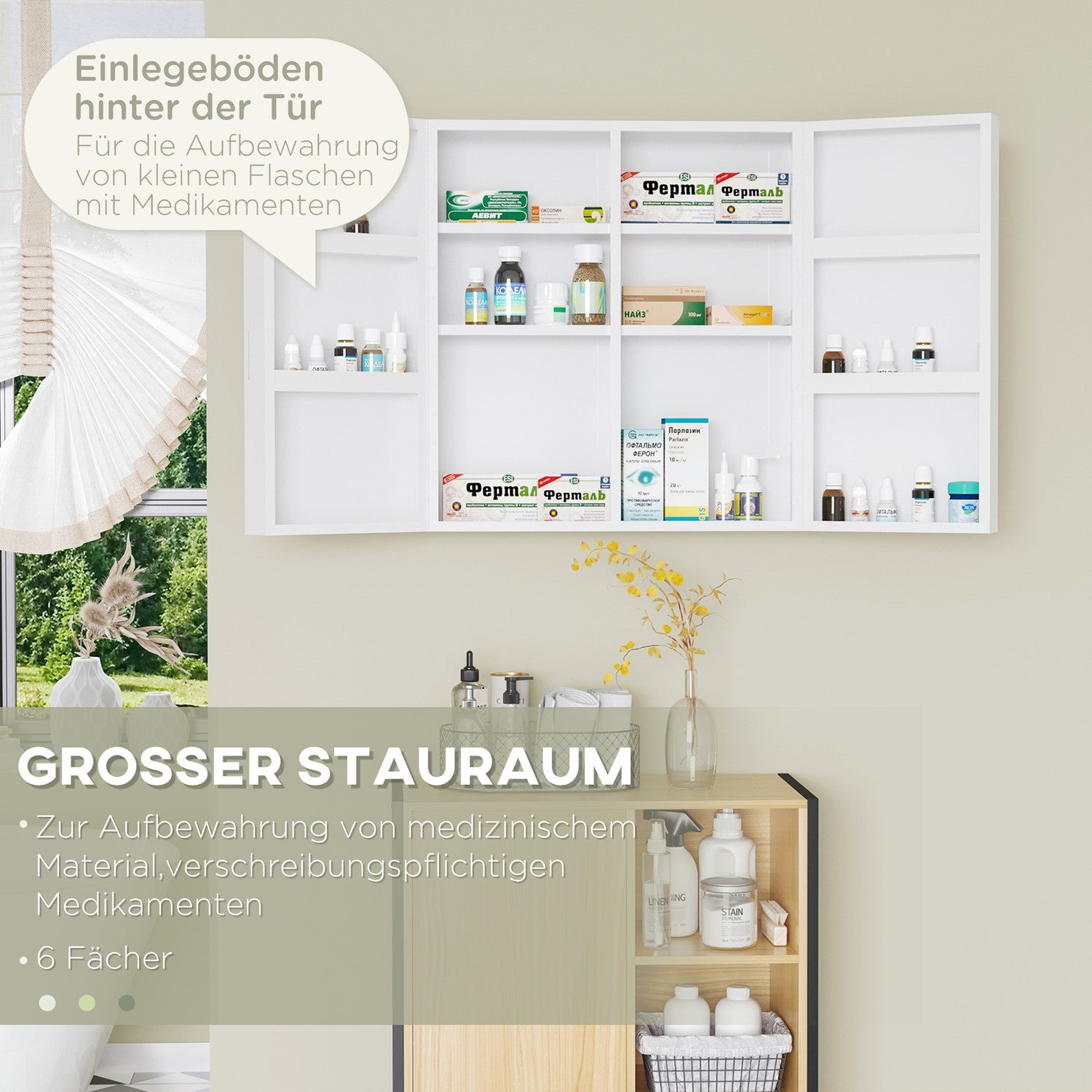 Väggmonterat medicinskåp, stål, vit, 6 hyllplan