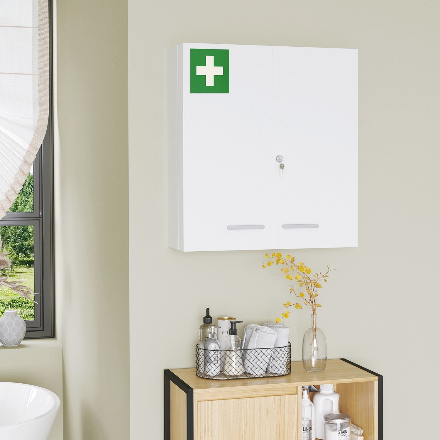 Väggmonterat medicinskåp, stål, vit, 6 hyllplan