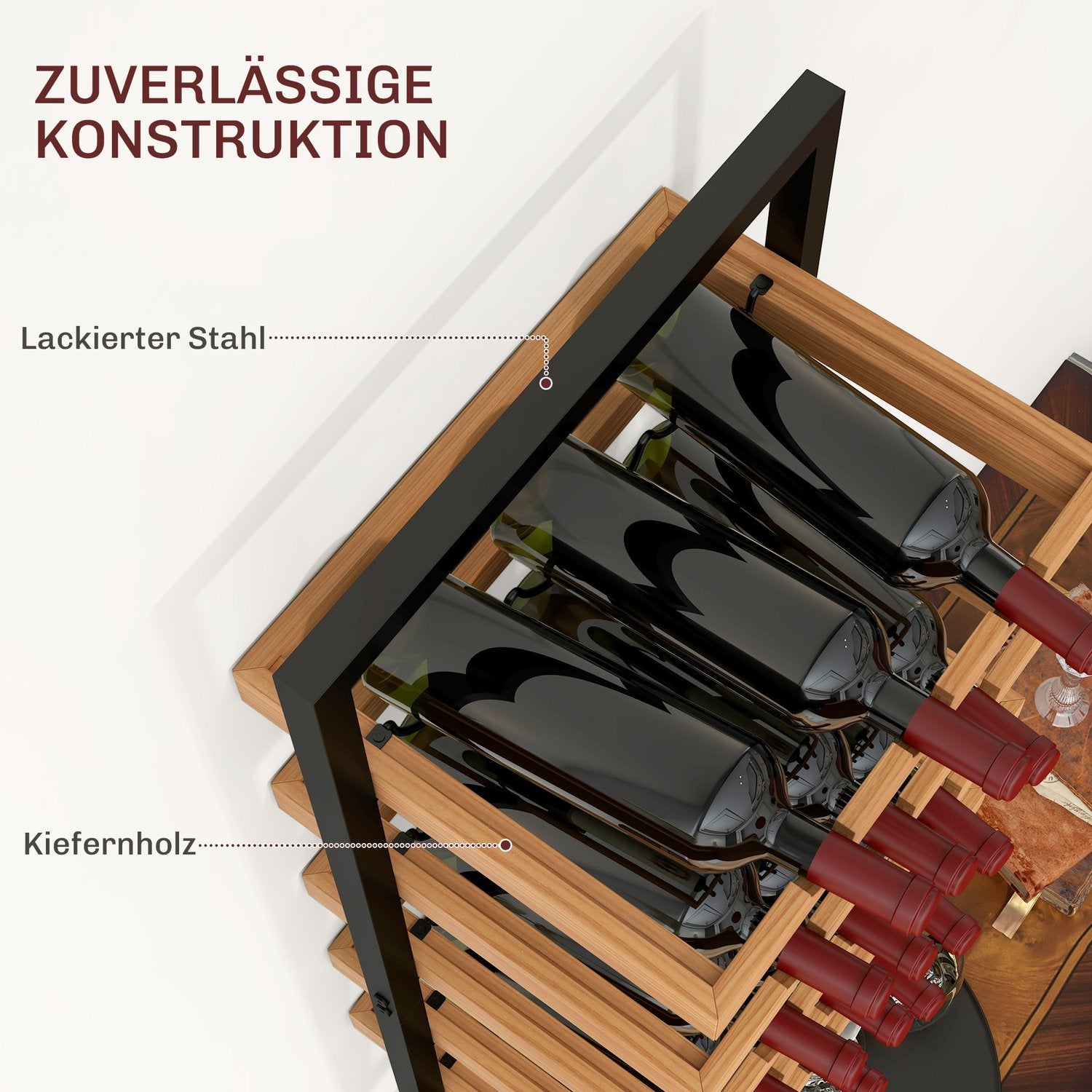 Väggmonterat 5-vånings vinställ, rymmer 15 flaskor och 4 glas