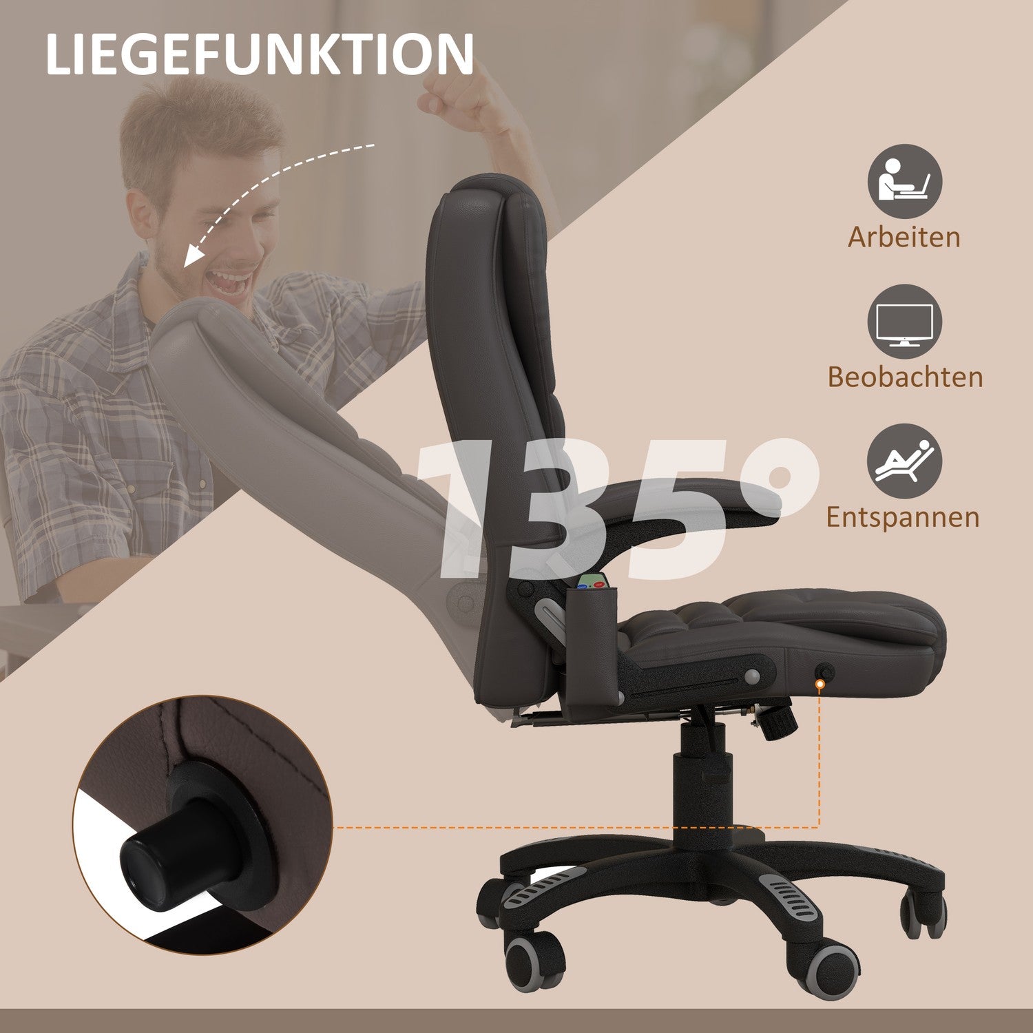 Vibrationsmassage kontorsstol med värme, konstläder, brun