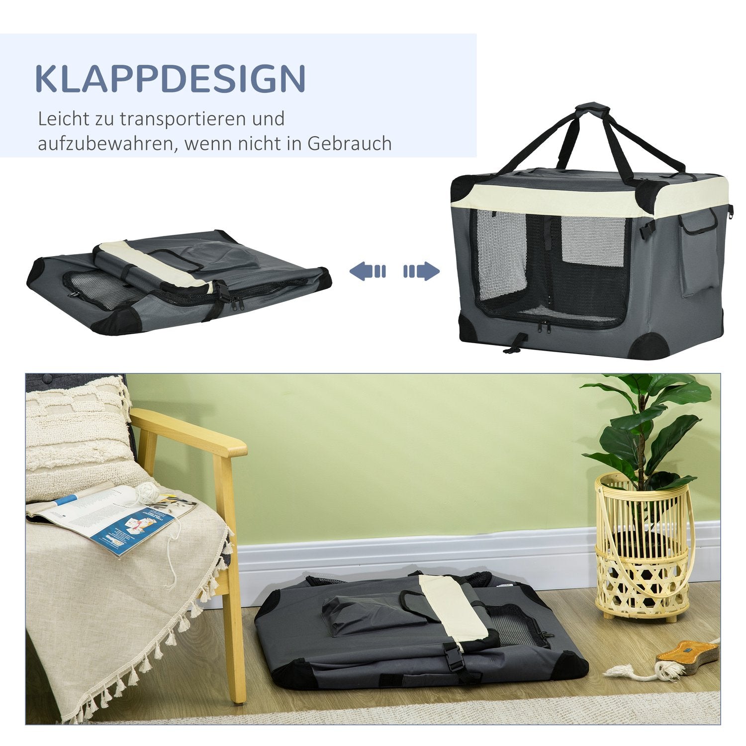 Vikbar hundtransportväska med kudde, grå/svart